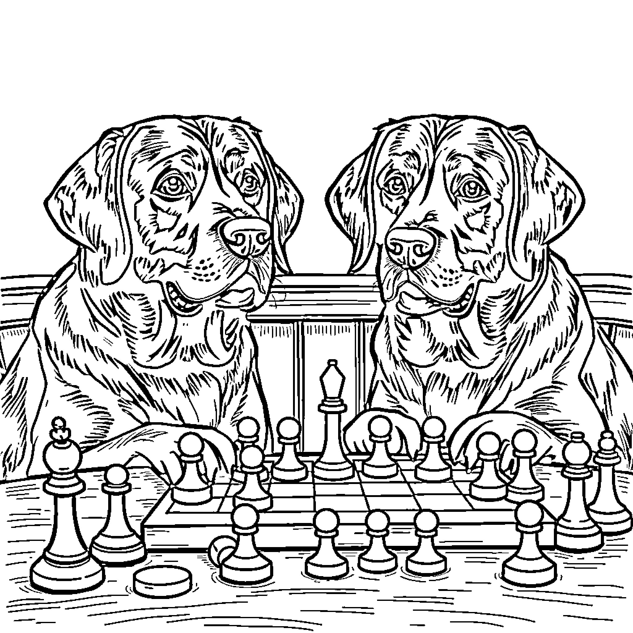 Lab Dogs Playing Chess Coloring Page (free black-and-white line drawing printable PDF for all, from beginners to advanced learners, including children, teens, adults, and seniors)