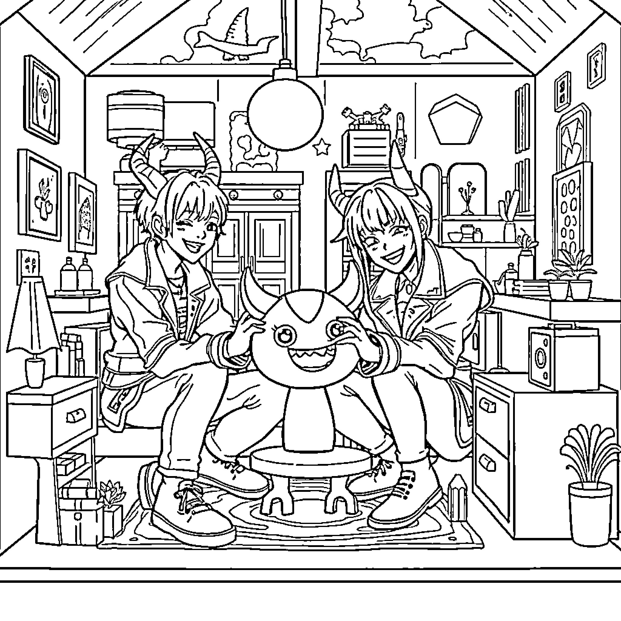 Kpop Demon Hunters Enjoying Cozy Hideout Coloring Page (free black-and-white line drawing printable PDF for all, from beginners to advanced learners, including children, teens, adults, and seniors)