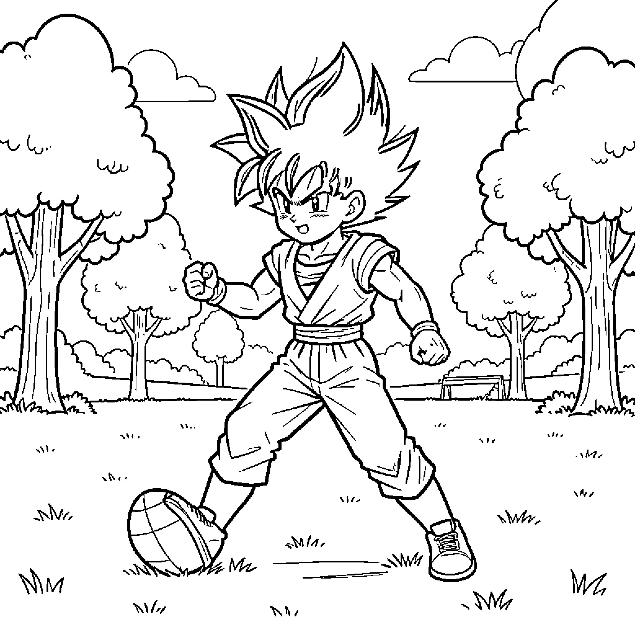 Saiyan Girl Embarking on an Adventure Coloring Page (free black-and-white line drawing printable PDF for all, from beginners to advanced learners, including children, teens, adults, and seniors)