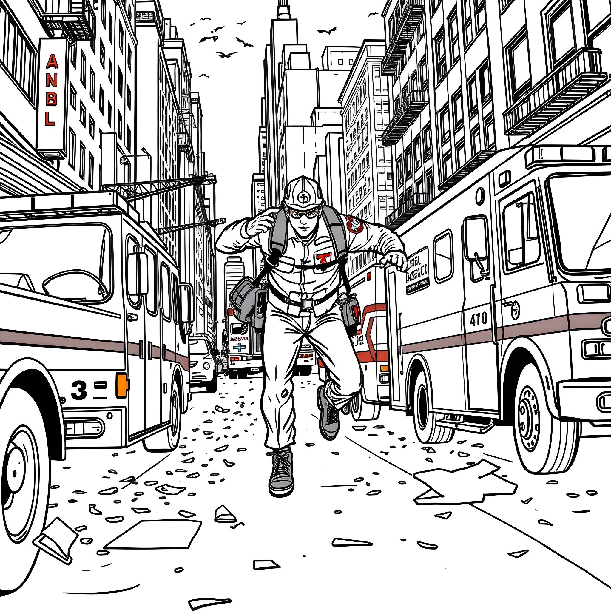 9-1-1 Emergency Response in the City Coloring Page (free black-and-white line drawing printable PDF for all, from beginners to advanced learners, including children, teens, adults, and seniors)