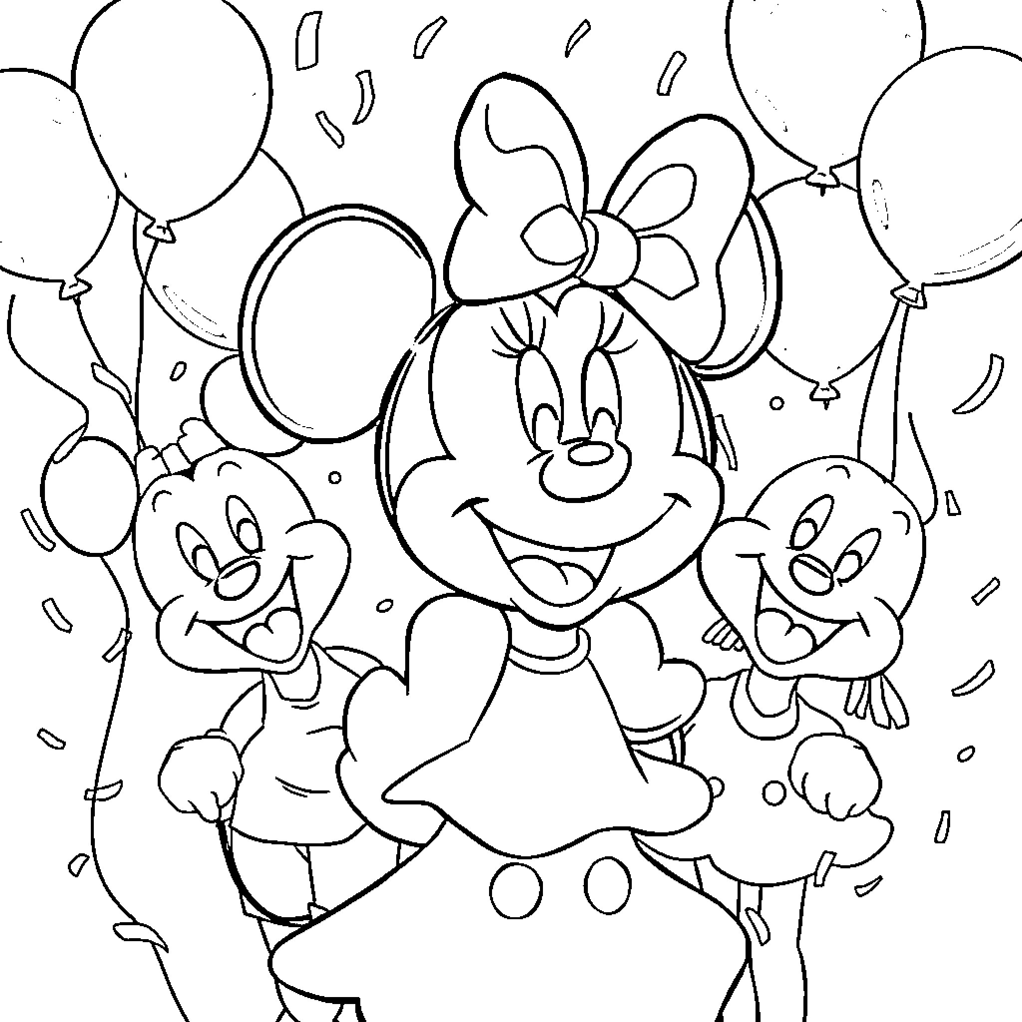 Minnie Mouse celebrates with friends and balloons Coloring Page (free black-and-white line drawing printable PDF for all, from beginners to advanced learners, including children, teens, adults, and seniors)
