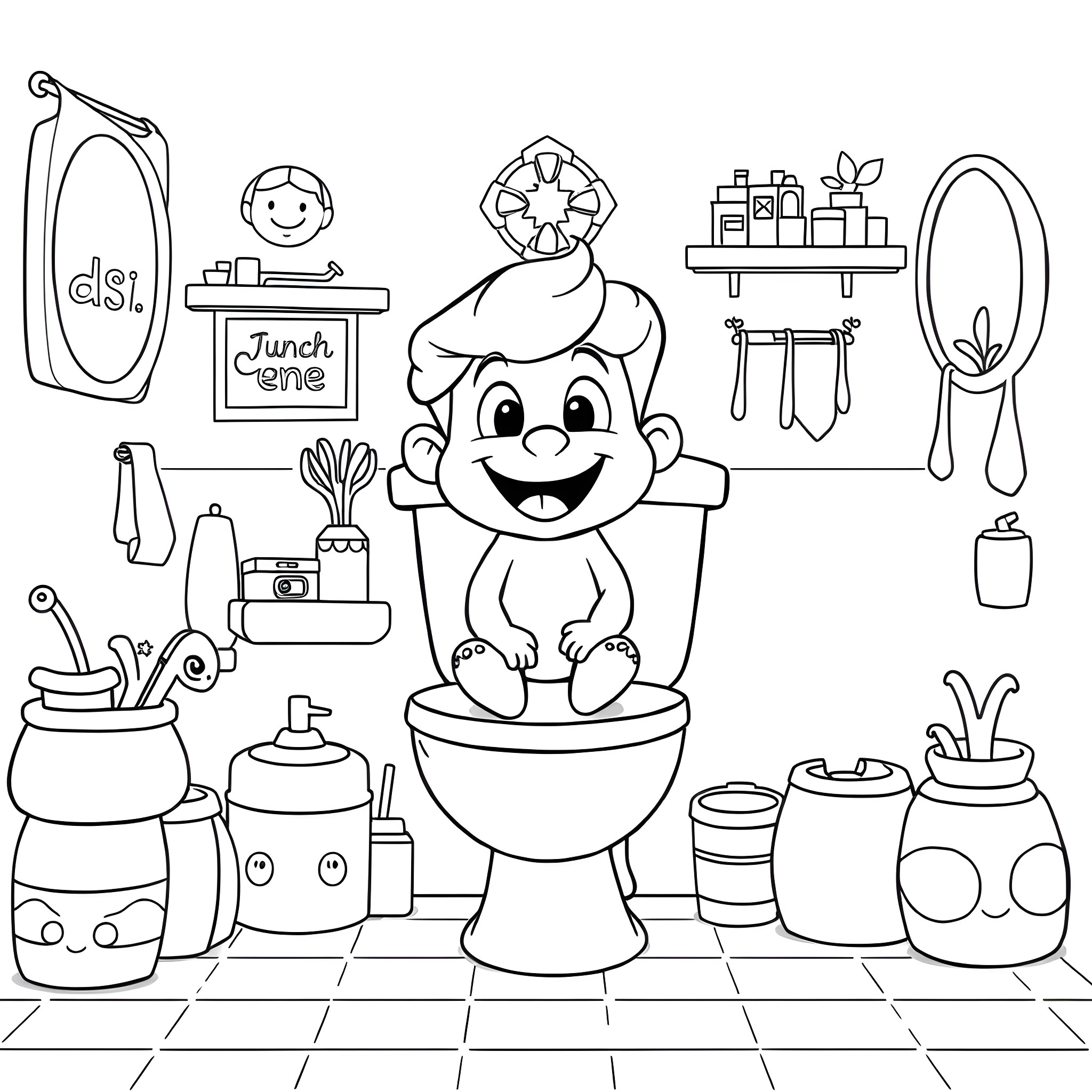 Poop Emoji Enjoying Bathroom Amenities Coloring Page (free black-and-white line drawing printable PDF for all, from beginners to advanced learners, including children, teens, adults, and seniors)