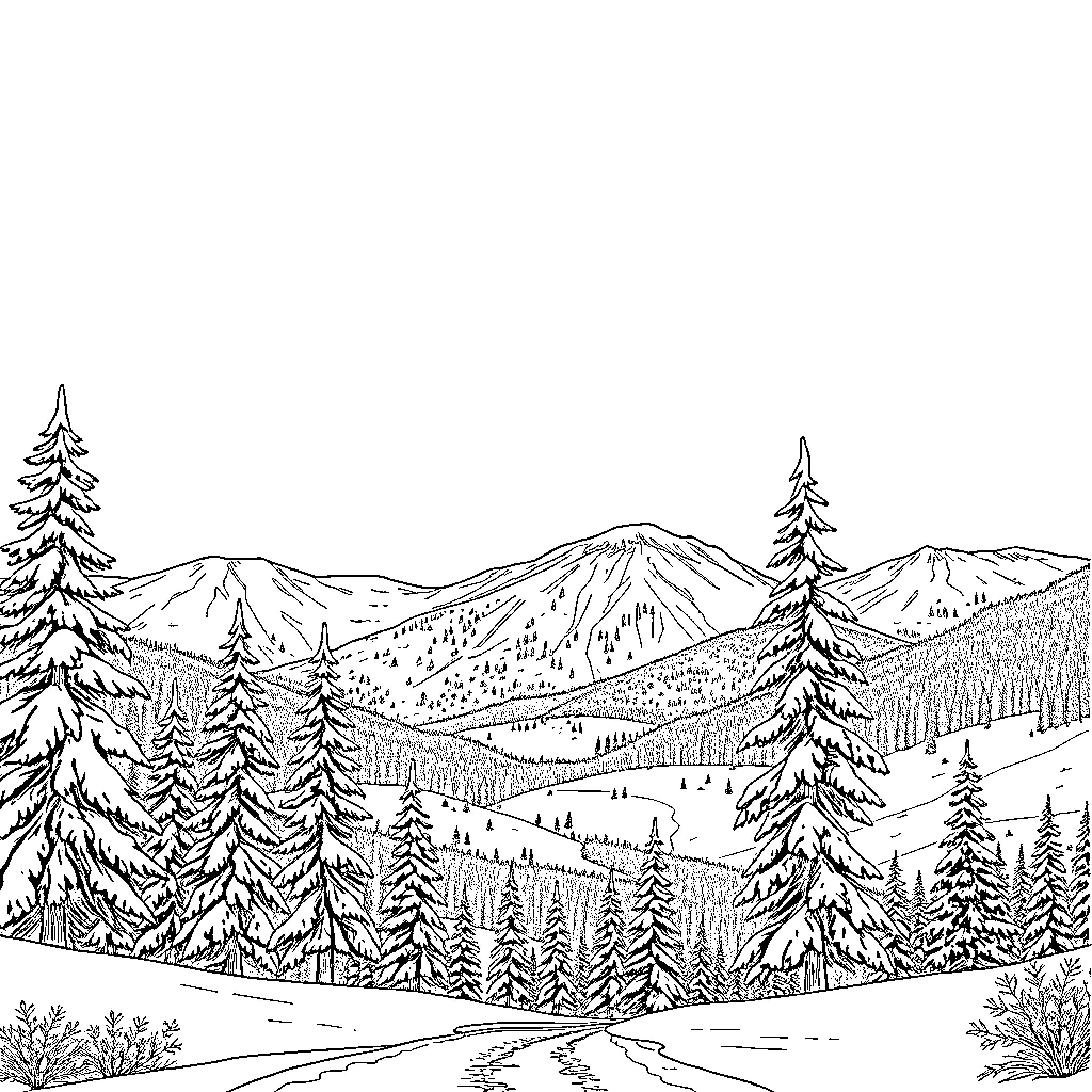 Laponie: Majestic Mountains and Snowy Landscapes Coloring Page (free black-and-white line drawing printable PDF for all, from beginners to advanced learners, including children, teens, adults, and seniors)