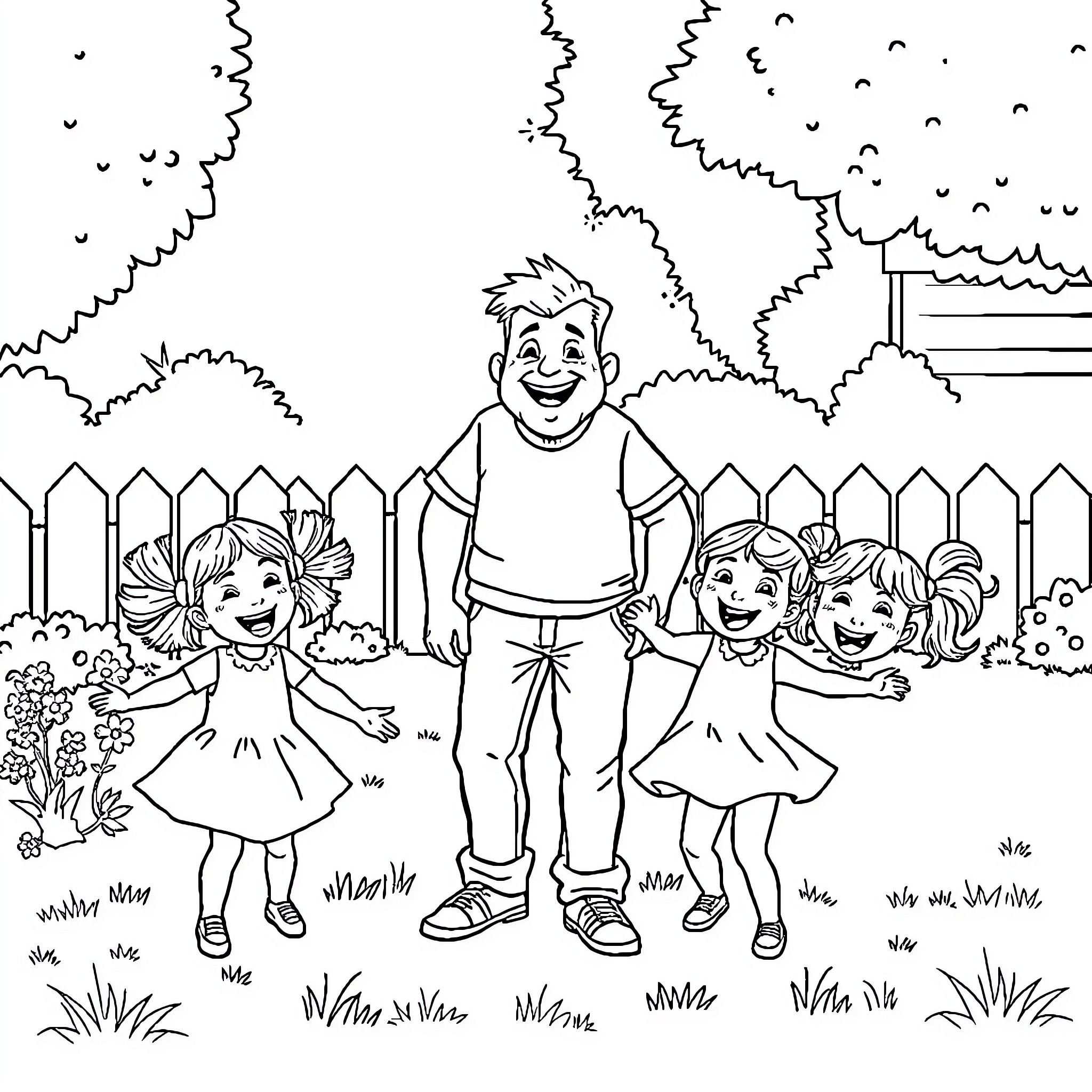 Dad enjoys playing with his cheerful daughters Coloring Page (free black-and-white line drawing printable PDF for all, from beginners to advanced learners, including children, teens, adults, and seniors)