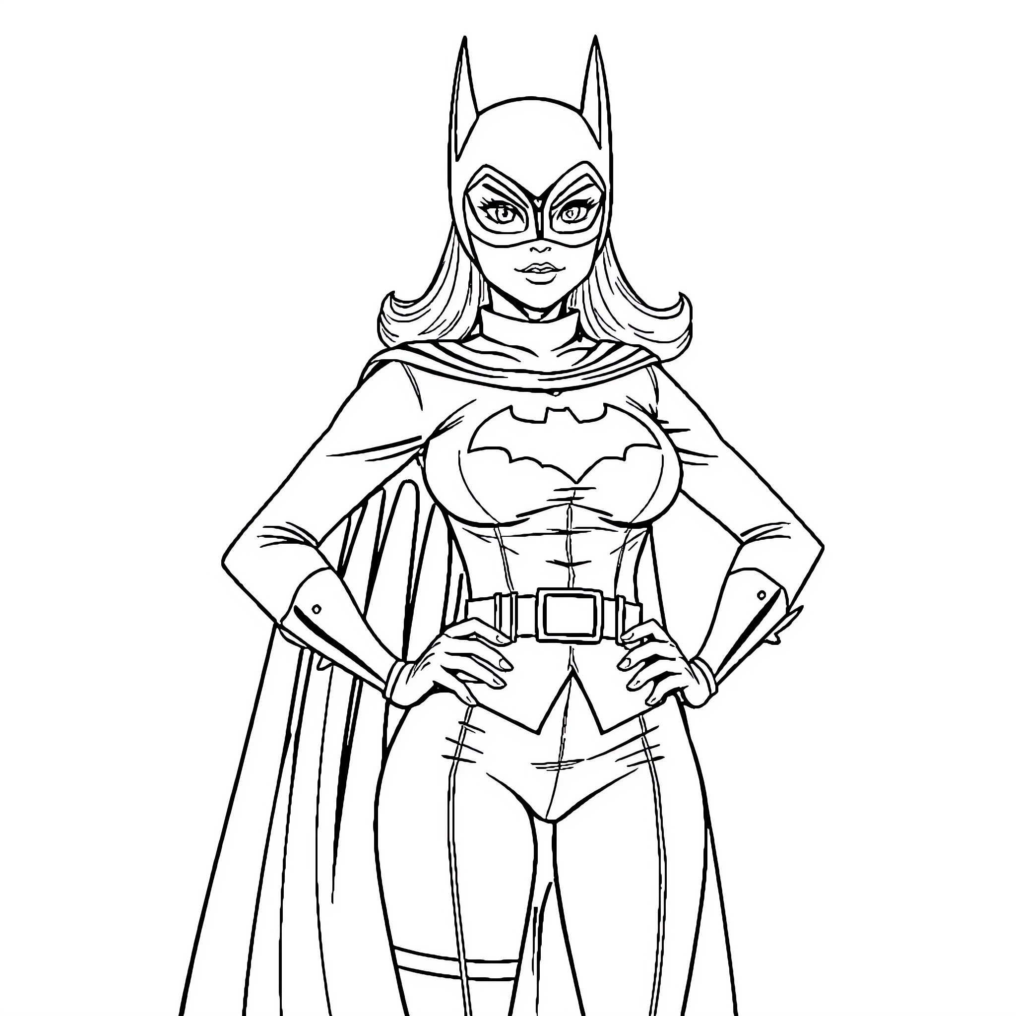 Teacher Batgirl in Heroic Pose Coloring Page (free black-and-white line drawing printable PDF for all, from beginners to advanced learners, including children, teens, adults, and seniors)