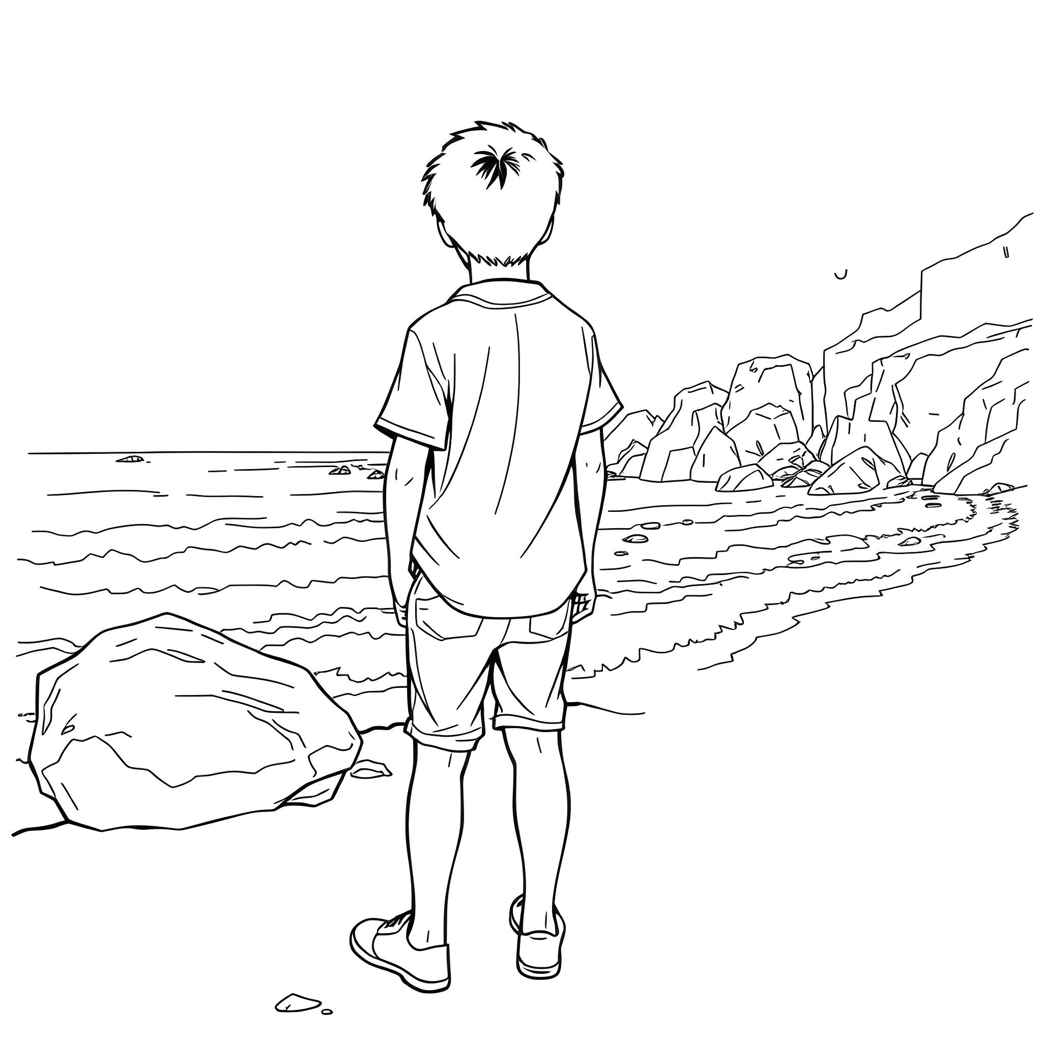 Boy exploring the rugged coastal landscape Coloring Page (free black-and-white line drawing printable PDF for all, from beginners to advanced learners, including children, teens, adults, and seniors)