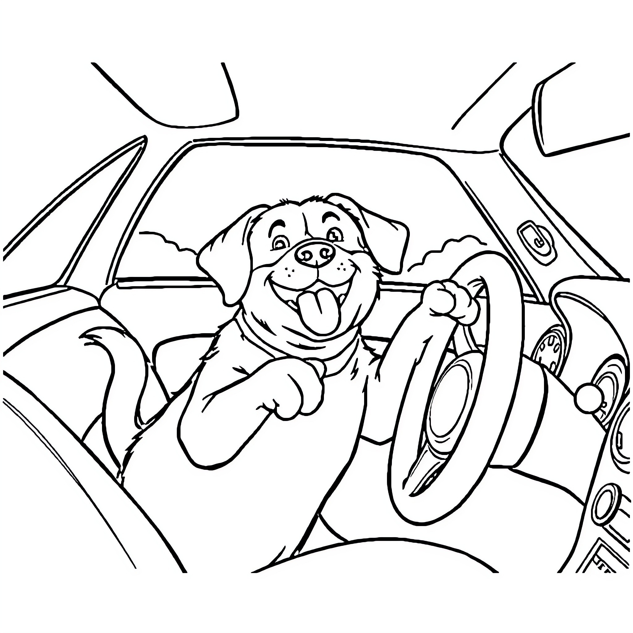 Dog enjoying a car ride with an eager expression Coloring Page (free black-and-white line drawing printable PDF for all, from beginners to advanced learners, including children, teens, adults, and seniors)