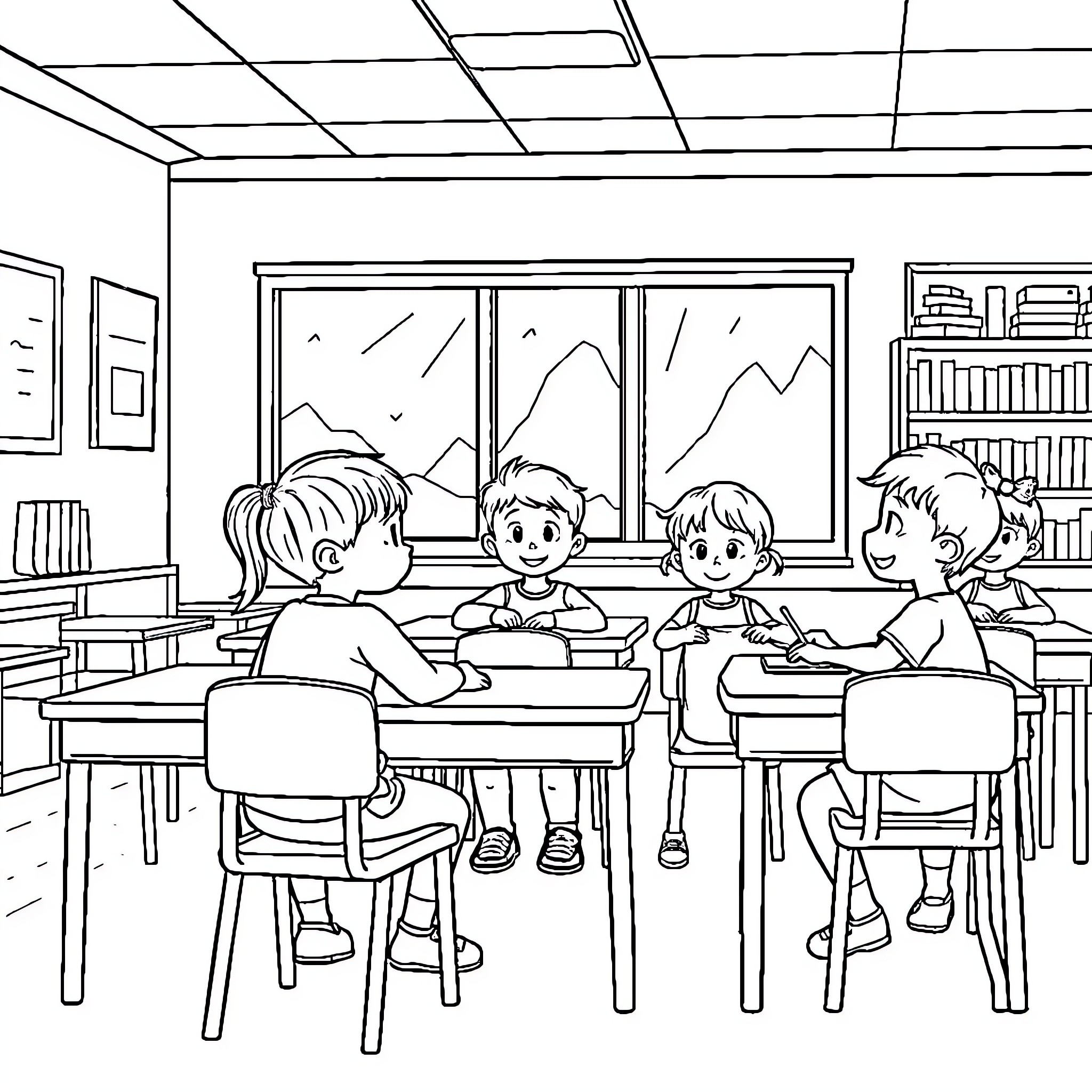 Child students studying together in classroom Coloring Page (free black-and-white line drawing printable PDF for all, from beginners to advanced learners, including children, teens, adults, and seniors)