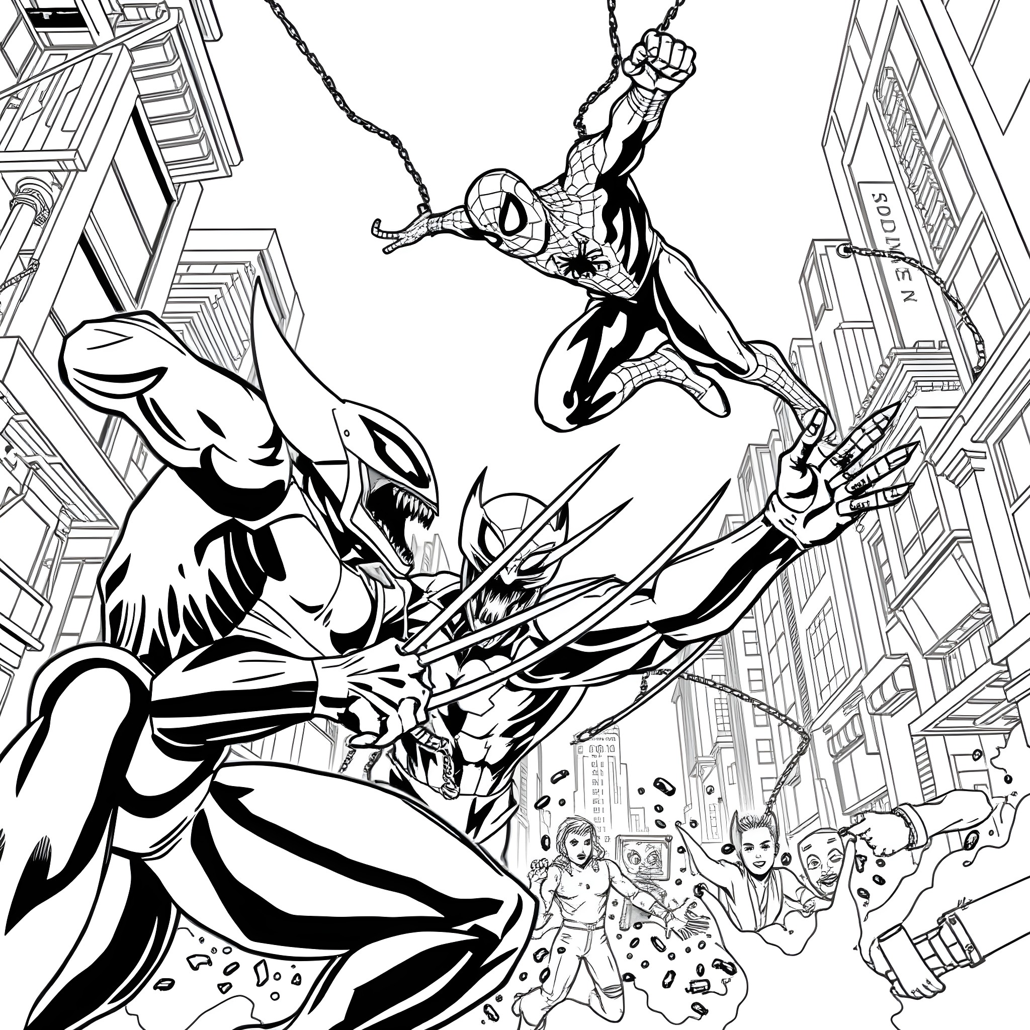Spider-Man swinging into action against foes in the city Coloring Page (free black-and-white line drawing printable PDF for all, from beginners to advanced learners, including children, teens, adults, and seniors)