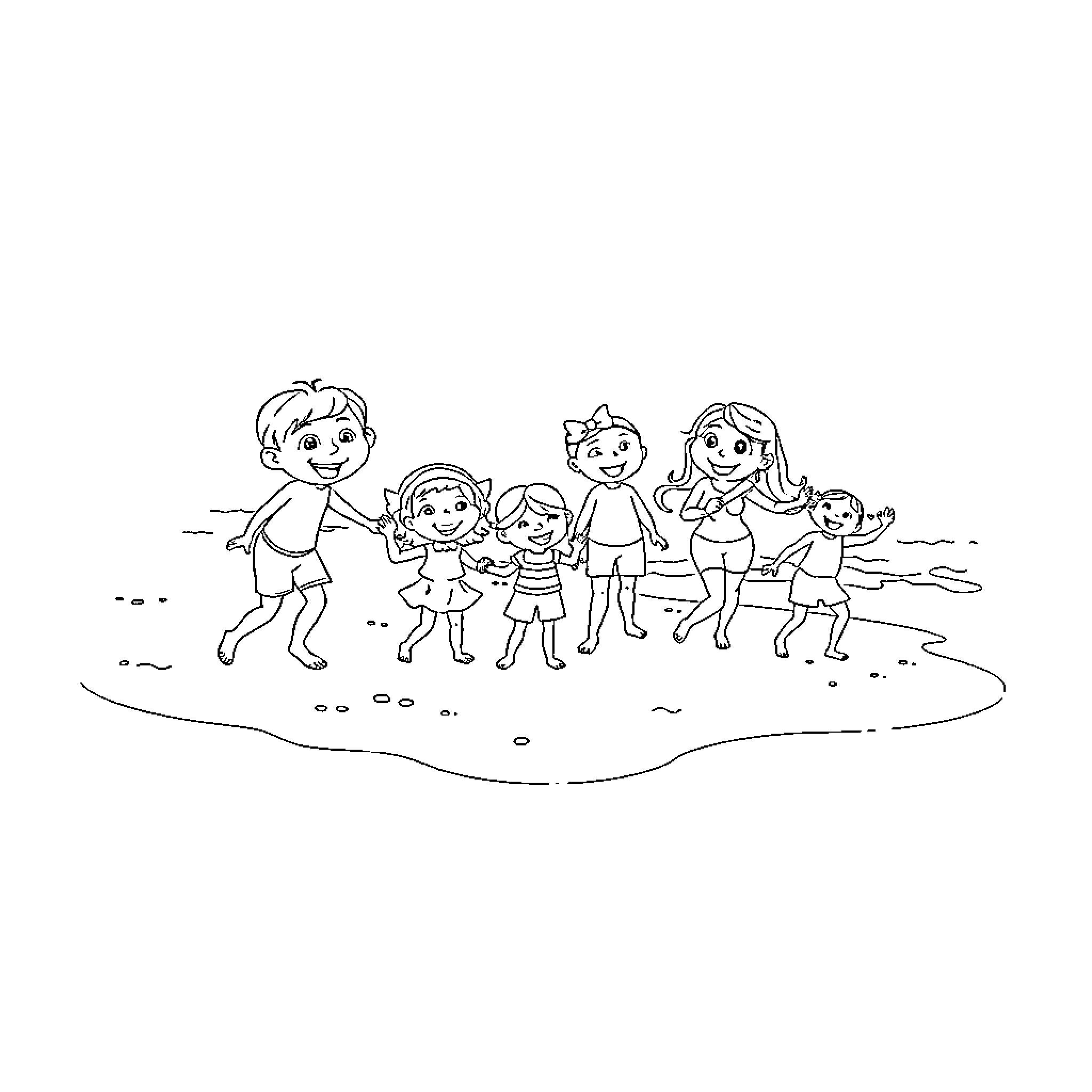 Bluey family playing on the beach Coloring Page (free black-and-white line drawing printable PDF for all, from beginners to advanced learners, including children, teens, adults, and seniors)