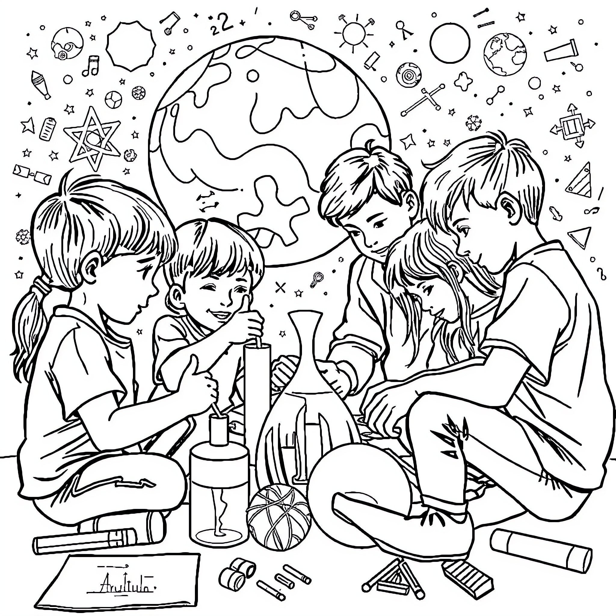 STEM Experiments and Discovery with Children Coloring Page (free black-and-white line drawing printable PDF for all, from beginners to advanced learners, including children, teens, adults, and seniors)