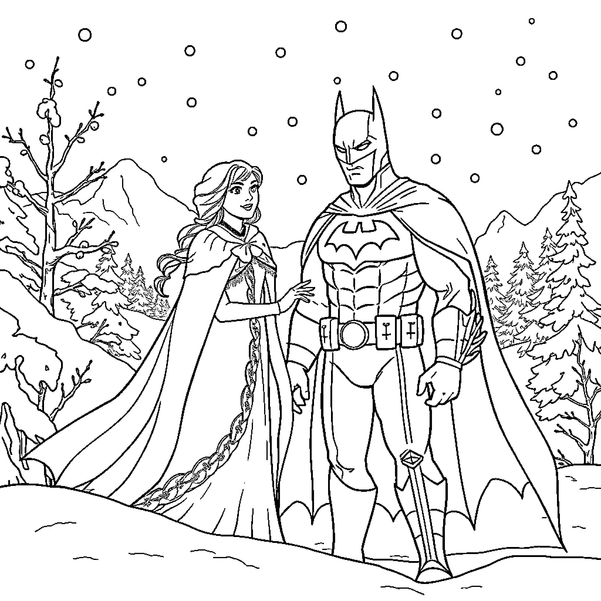 Queen and Batman in Snowy Winter Wonderland Coloring Page (free black-and-white line drawing printable PDF for all, from beginners to advanced learners, including children, teens, adults, and seniors)