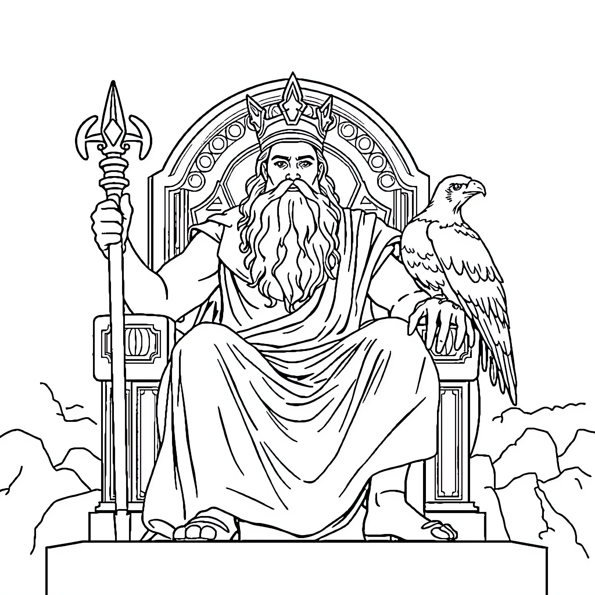 Zeus enthroned, wielding his mighty scepter Coloring Page (free black-and-white line drawing printable PDF for all, from beginners to advanced learners, including children, teens, adults, and seniors)