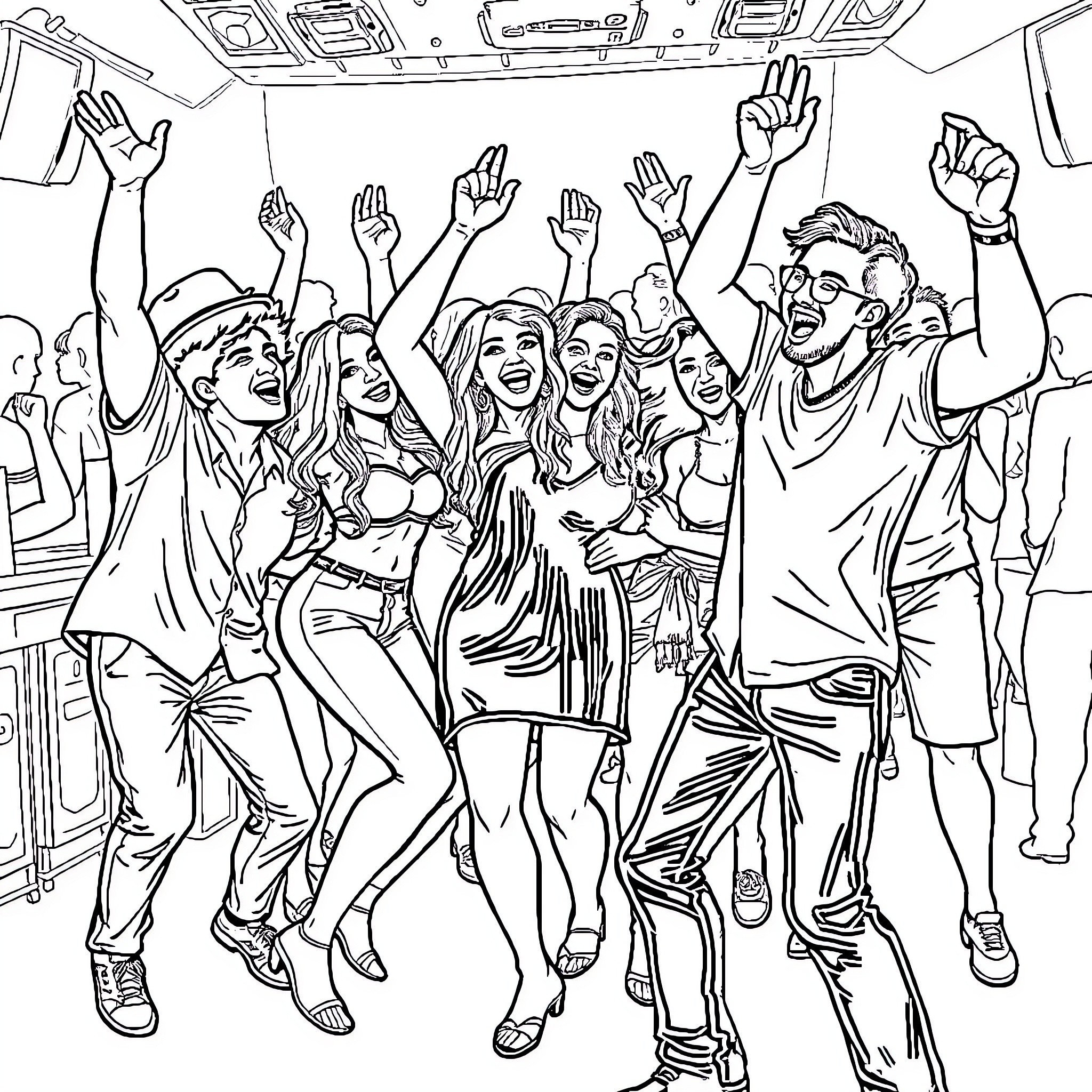 Clubbers celebrating with lively dance moves and enthusiasm Coloring Page (free black-and-white line drawing printable PDF for all, from beginners to advanced learners, including children, teens, adults, and seniors)
