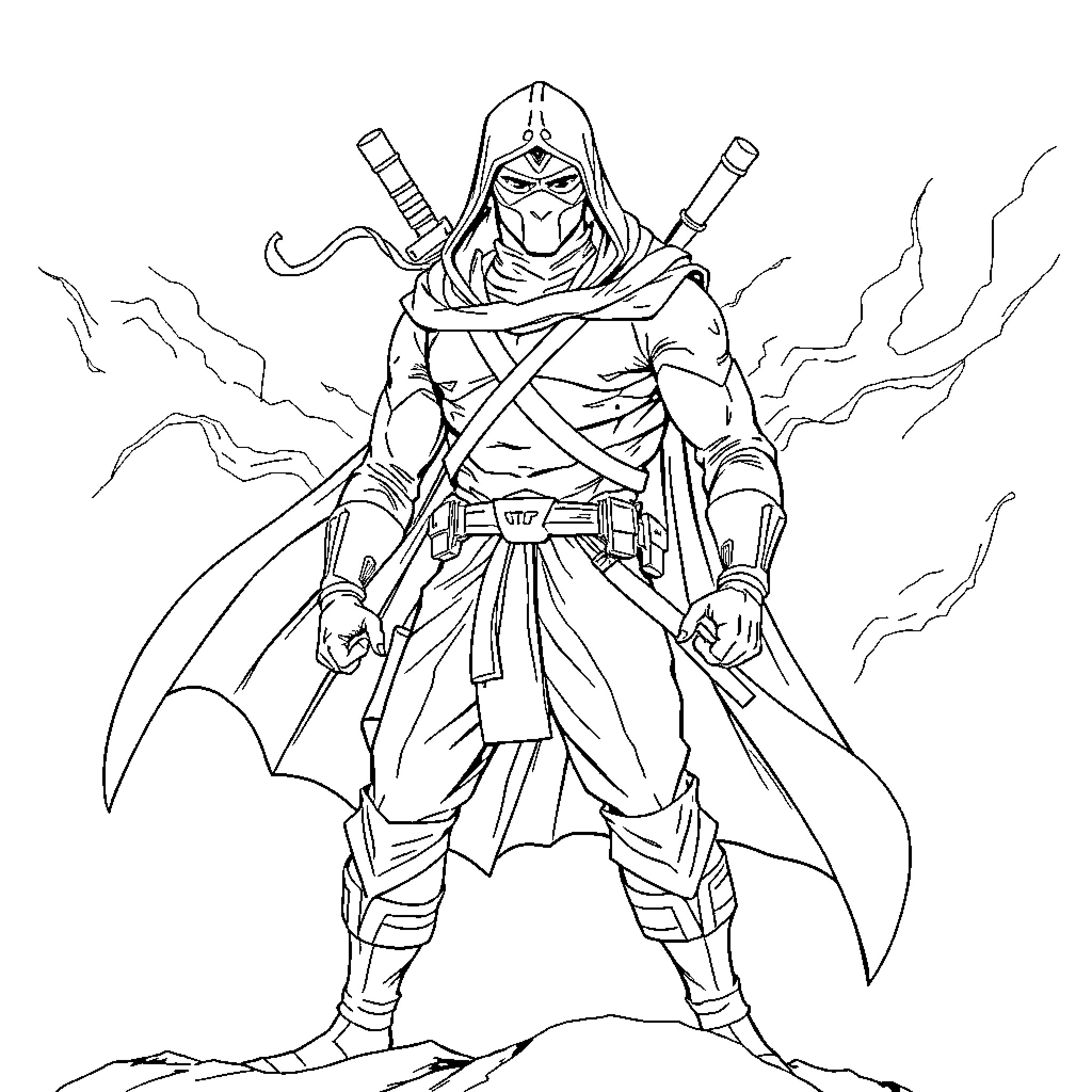 GI Joe Ninja Warrior in Battle-Ready Pose Coloring Page (free black-and-white line drawing printable PDF for all, from beginners to advanced learners, including children, teens, adults, and seniors)