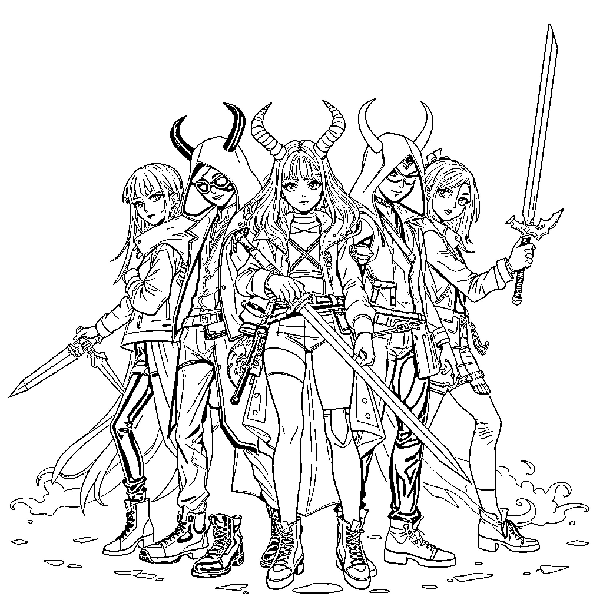 Demon Hunter Group Illustration with Varied Outfits and Weapons Coloring Page (free black-and-white line drawing printable PDF for all, from beginners to advanced learners, including children, teens, adults, and seniors)