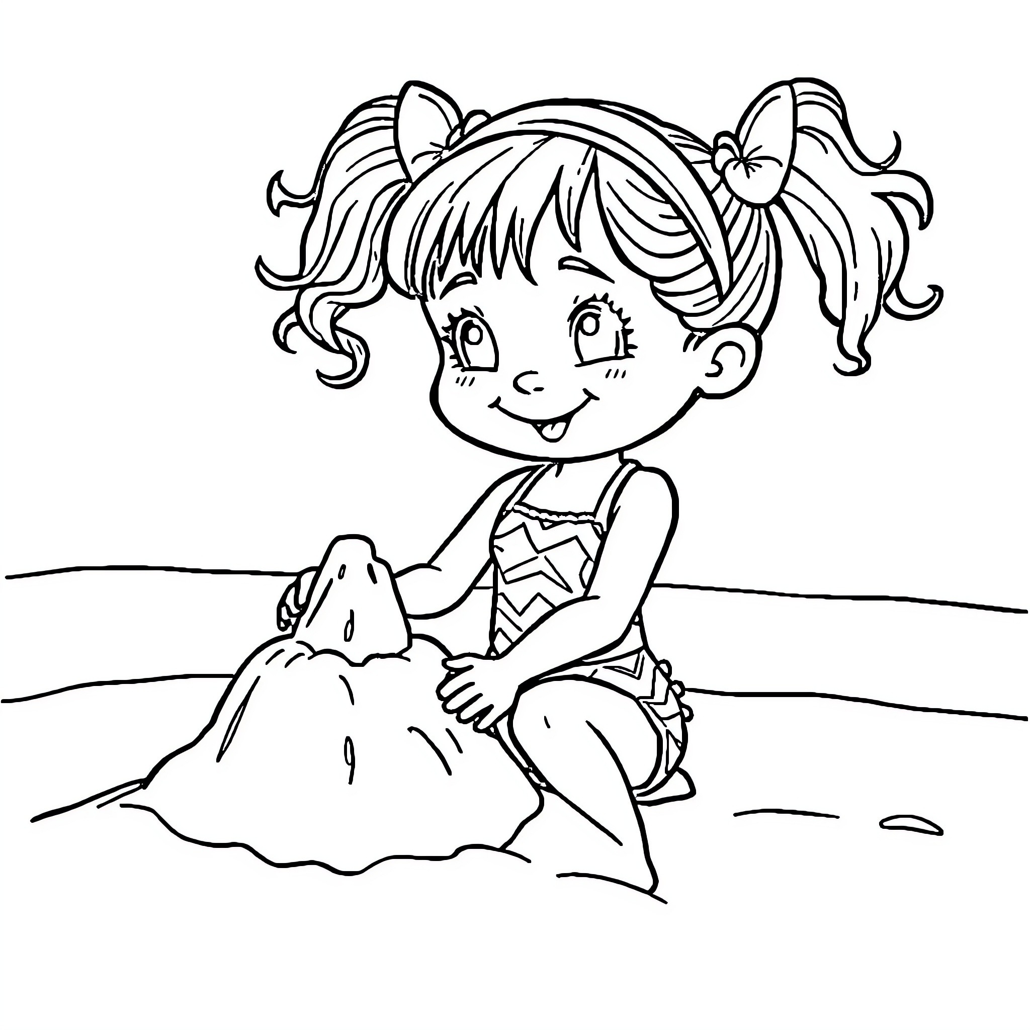 Girl playing with a sand castle on the beach Coloring Page (free black-and-white line drawing printable PDF for all, from beginners to advanced learners, including children, teens, adults, and seniors)