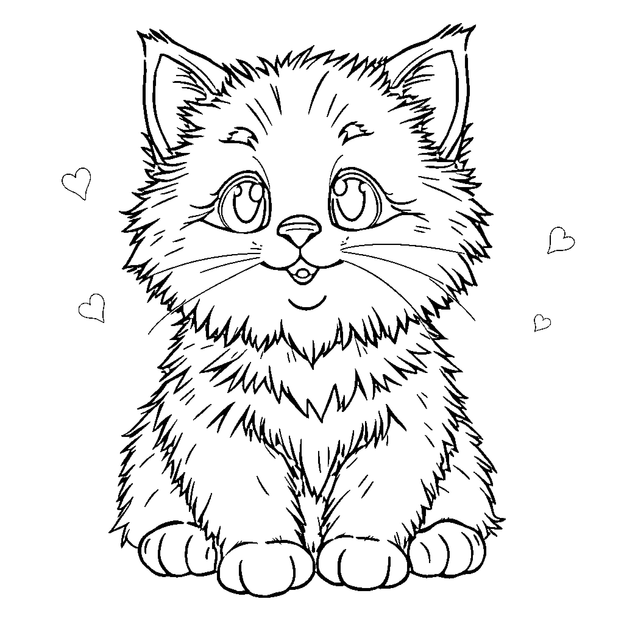 Cat with big eyes and fluffy fur Coloring Page (free black-and-white line drawing printable PDF for all, from beginners to advanced learners, including children, teens, adults, and seniors)
