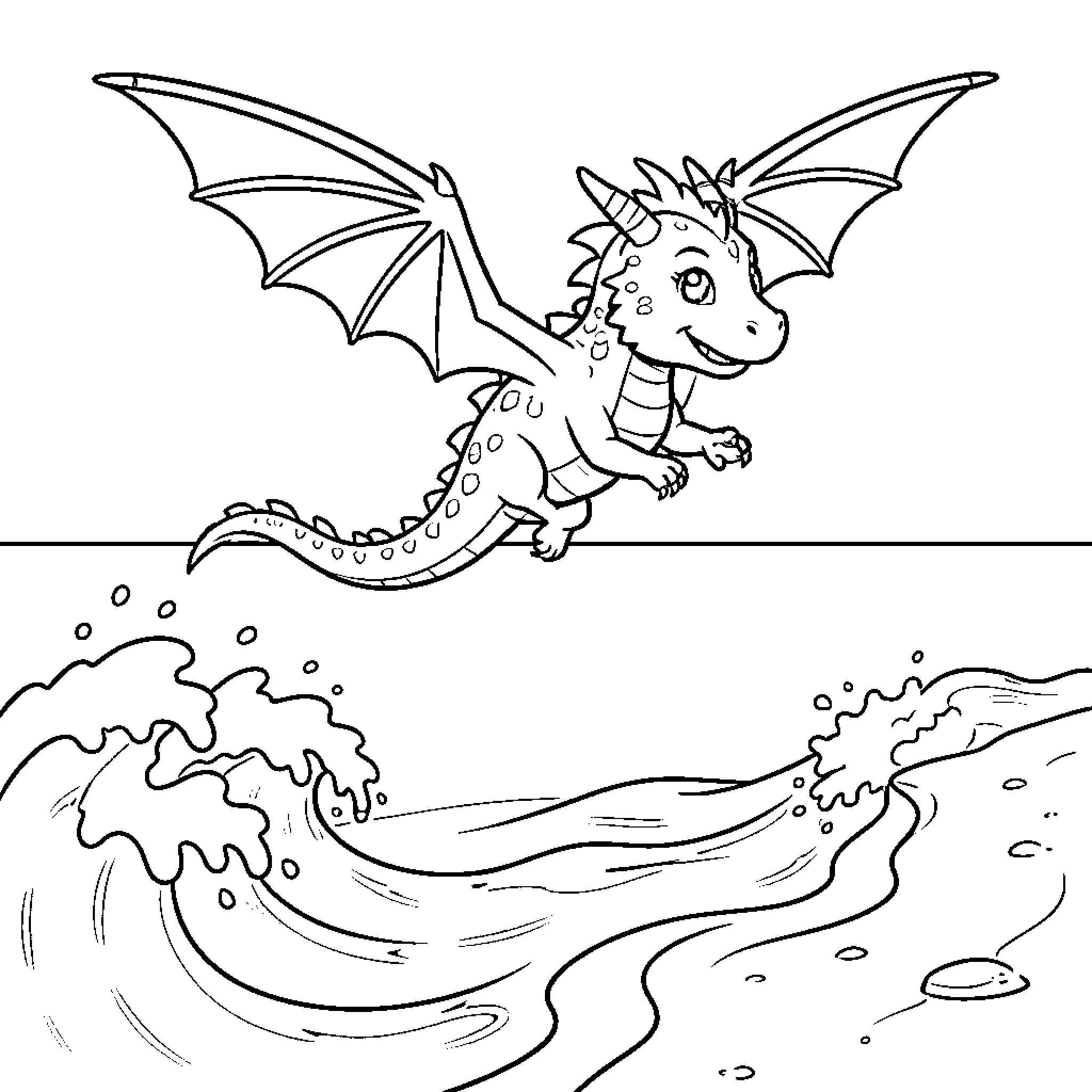 Dragon hatchling exploring underwater landscape Coloring Page (free black-and-white line drawing printable PDF for all, from beginners to advanced learners, including children, teens, adults, and seniors)