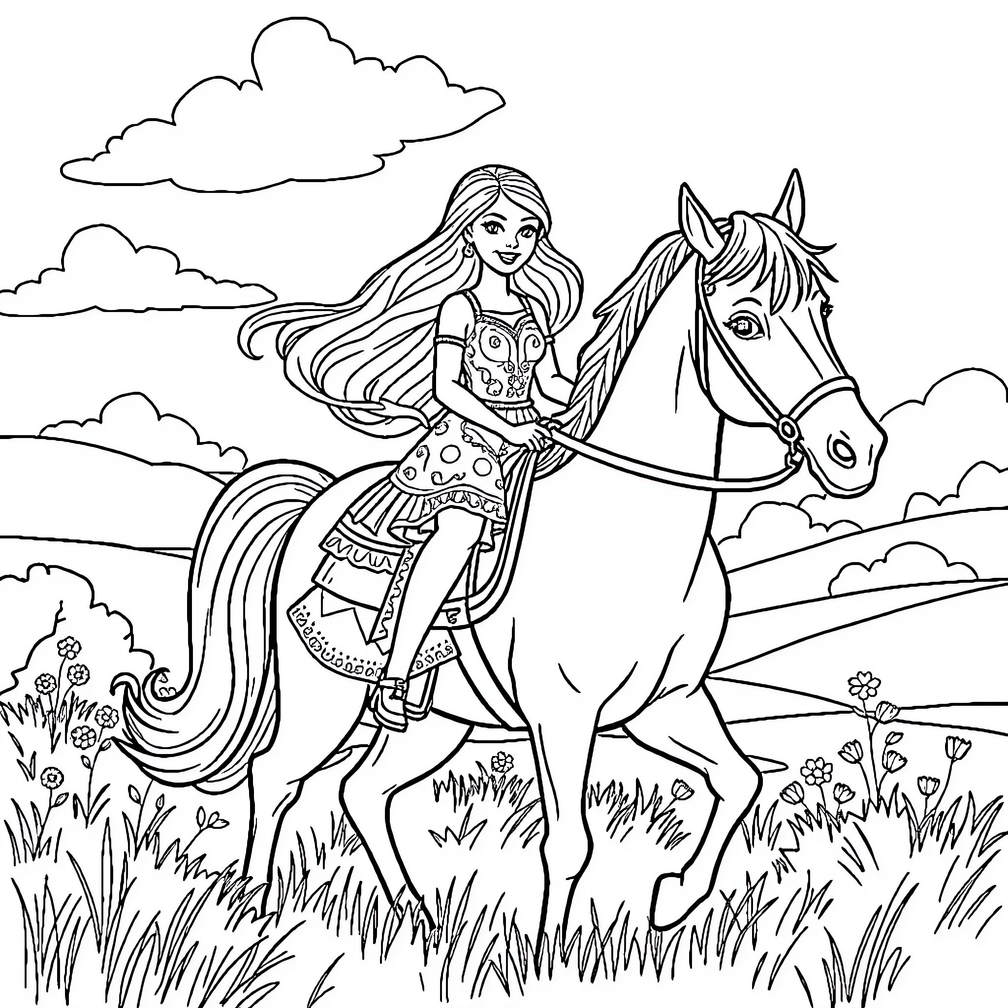 Barbie riding a horse in a field Coloring Page (free black-and-white line drawing printable PDF for all, from beginners to advanced learners, including children, teens, adults, and seniors)
