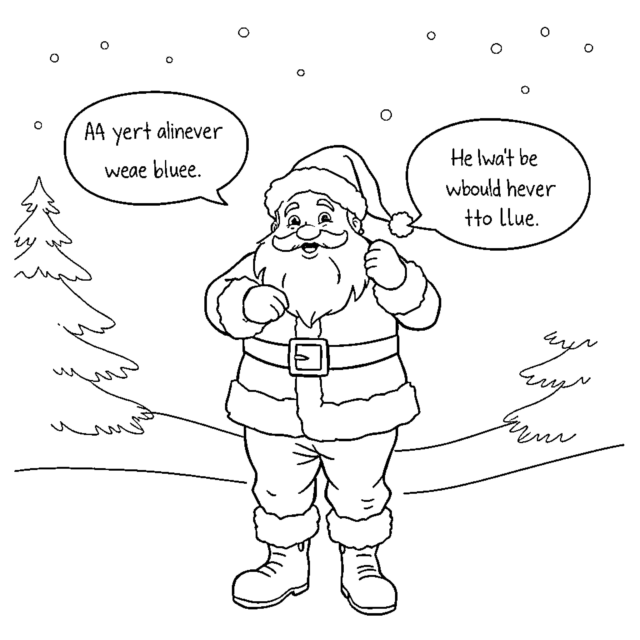 Santa's Comedic Conversation with a Bluey Friend Coloring Page (free black-and-white line drawing printable PDF for all, from beginners to advanced learners, including children, teens, adults, and seniors)