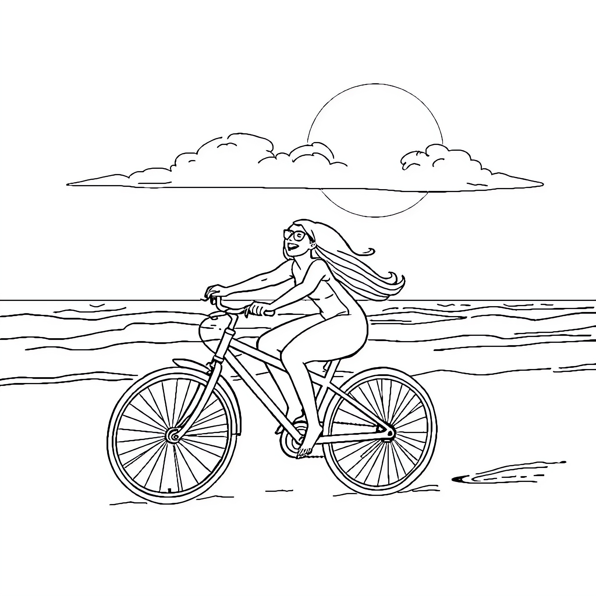 Siren cycling by the beach Coloring Page (free black-and-white line drawing printable PDF for all, from beginners to advanced learners, including children, teens, adults, and seniors)