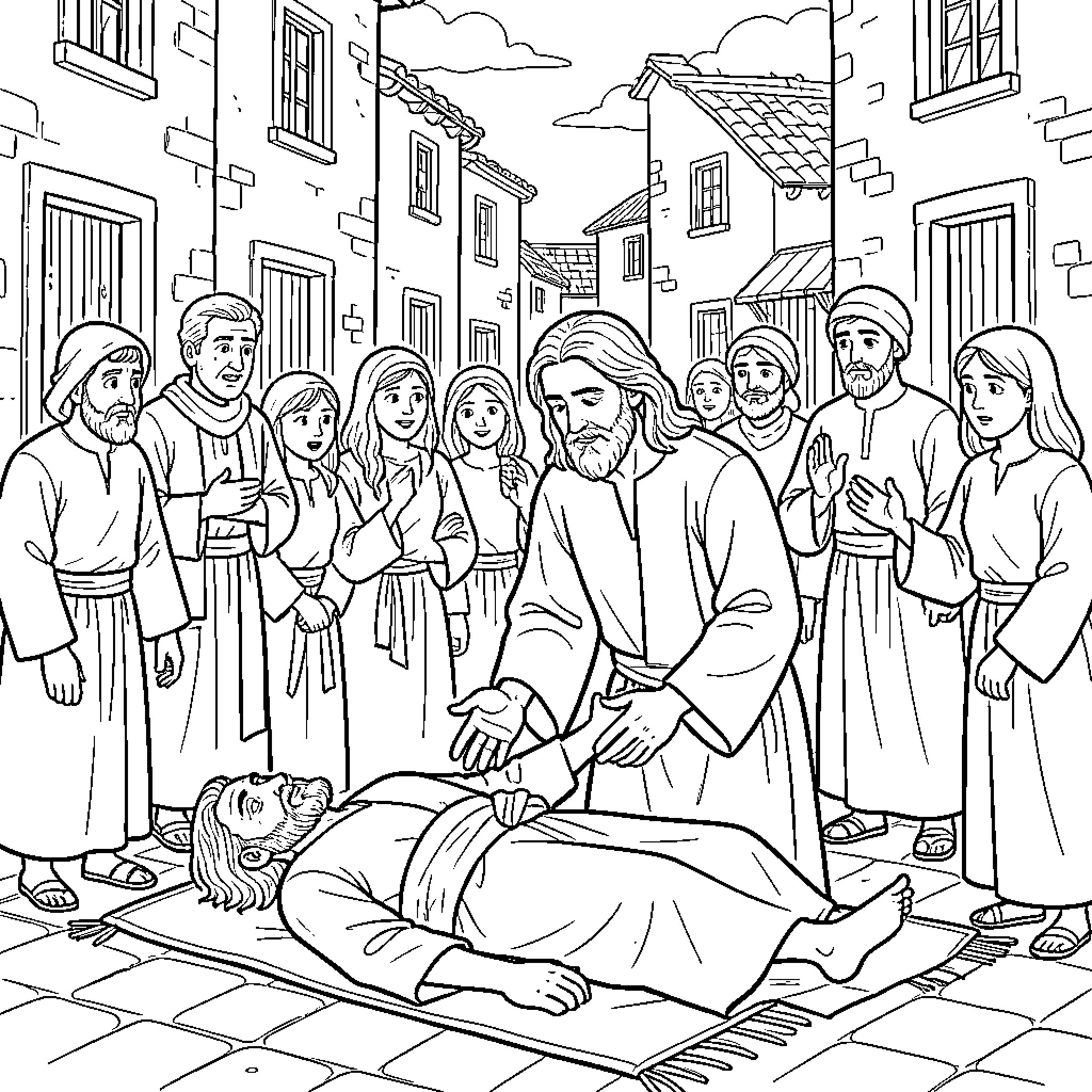 Jesus healing the sick man in the town square Coloring Page (free black-and-white line drawing printable PDF for all, from beginners to advanced learners, including children, teens, adults, and seniors)
