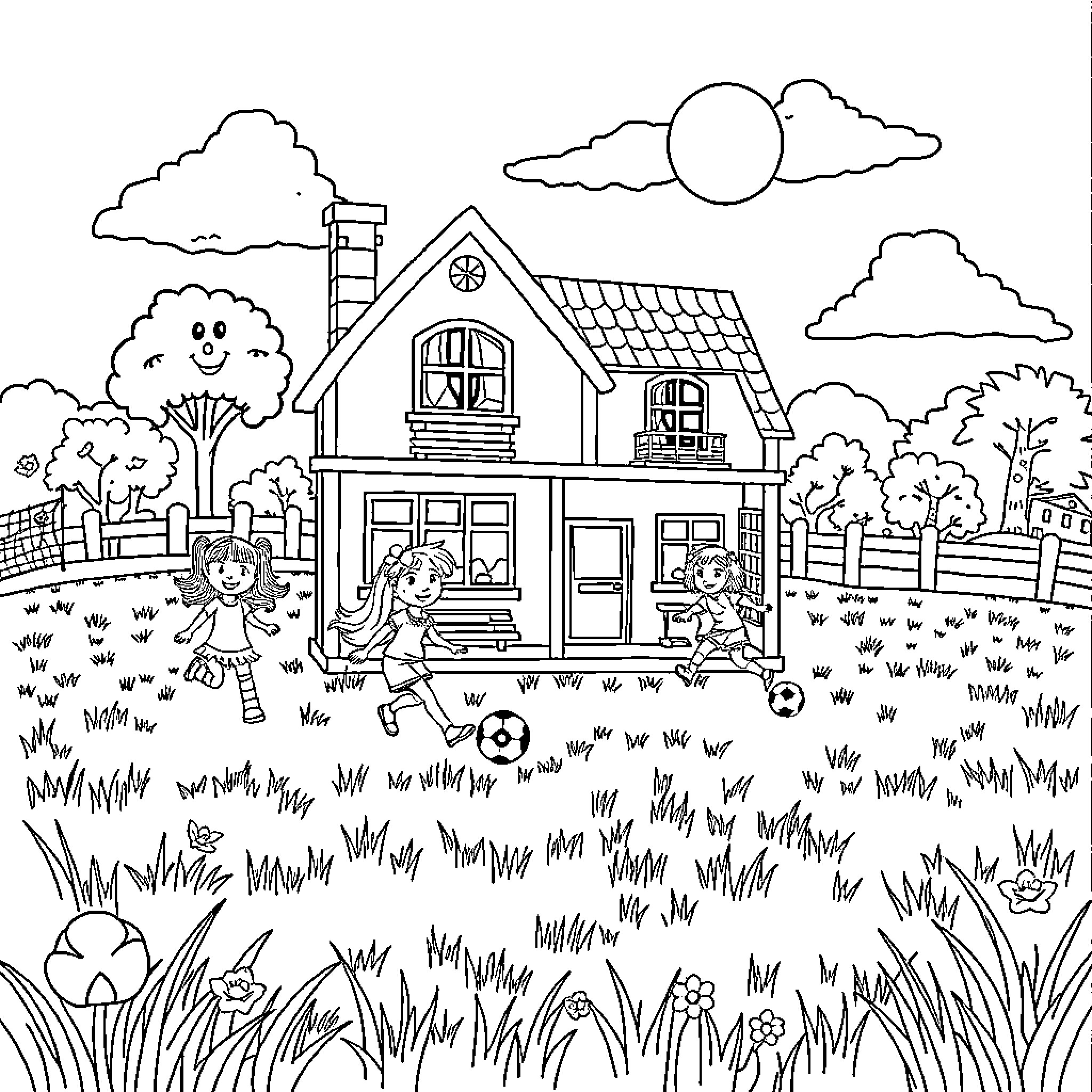 Dollhouse with children playing outdoors Coloring Page (free black-and-white line drawing printable PDF for all, from beginners to advanced learners, including children, teens, adults, and seniors)