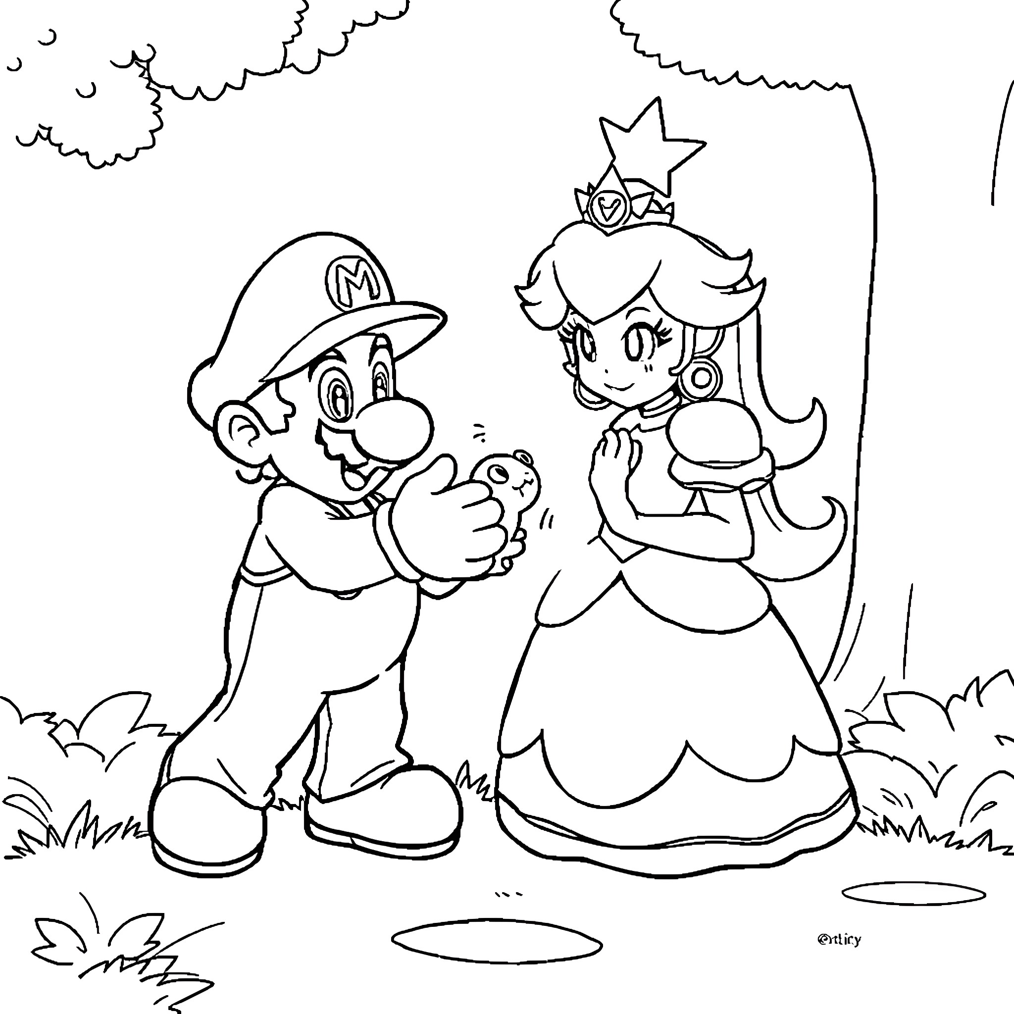 Super Mario and Princess Peach's Playful Encounter Coloring Page (free black-and-white line drawing printable PDF for all, from beginners to advanced learners, including children, teens, adults, and seniors)