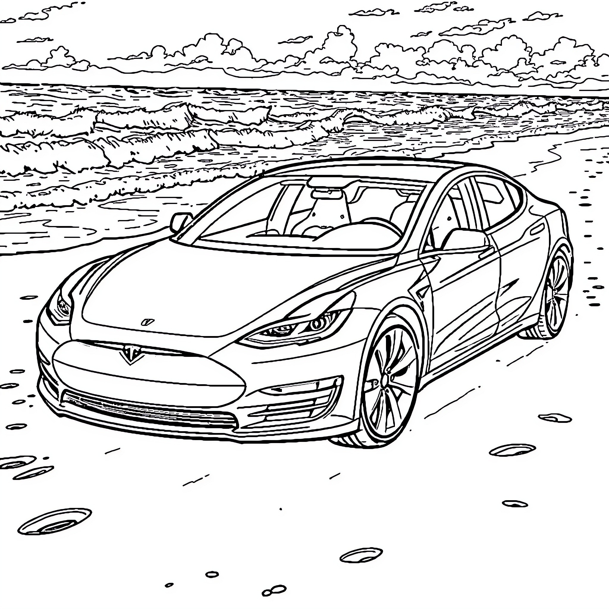 Tesla driving along the scenic coastline Coloring Page (free black-and-white line drawing printable PDF for all, from beginners to advanced learners, including children, teens, adults, and seniors)