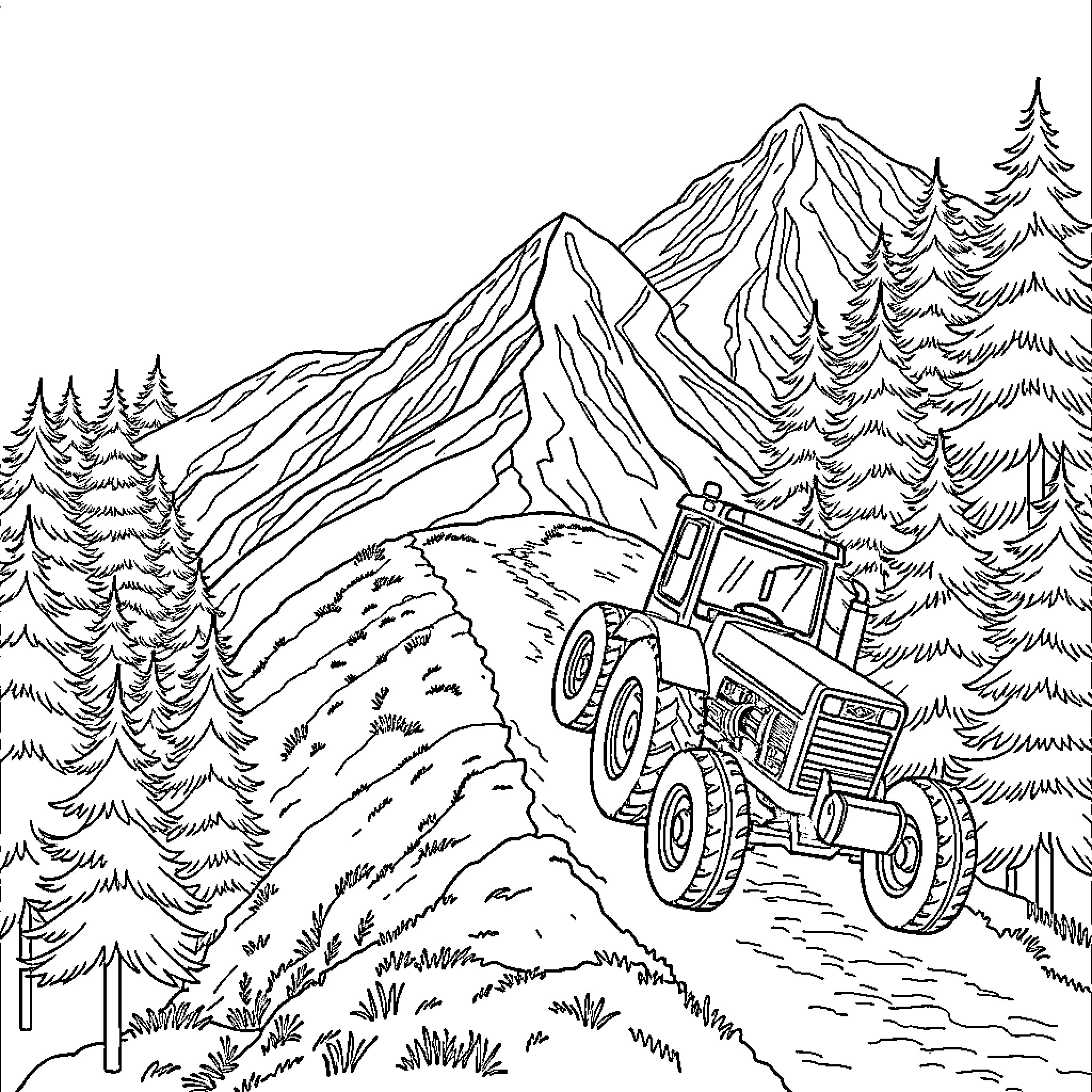 Tractor navigating rugged mountain terrain Coloring Page (free black-and-white line drawing printable PDF for all, from beginners to advanced learners, including children, teens, adults, and seniors)