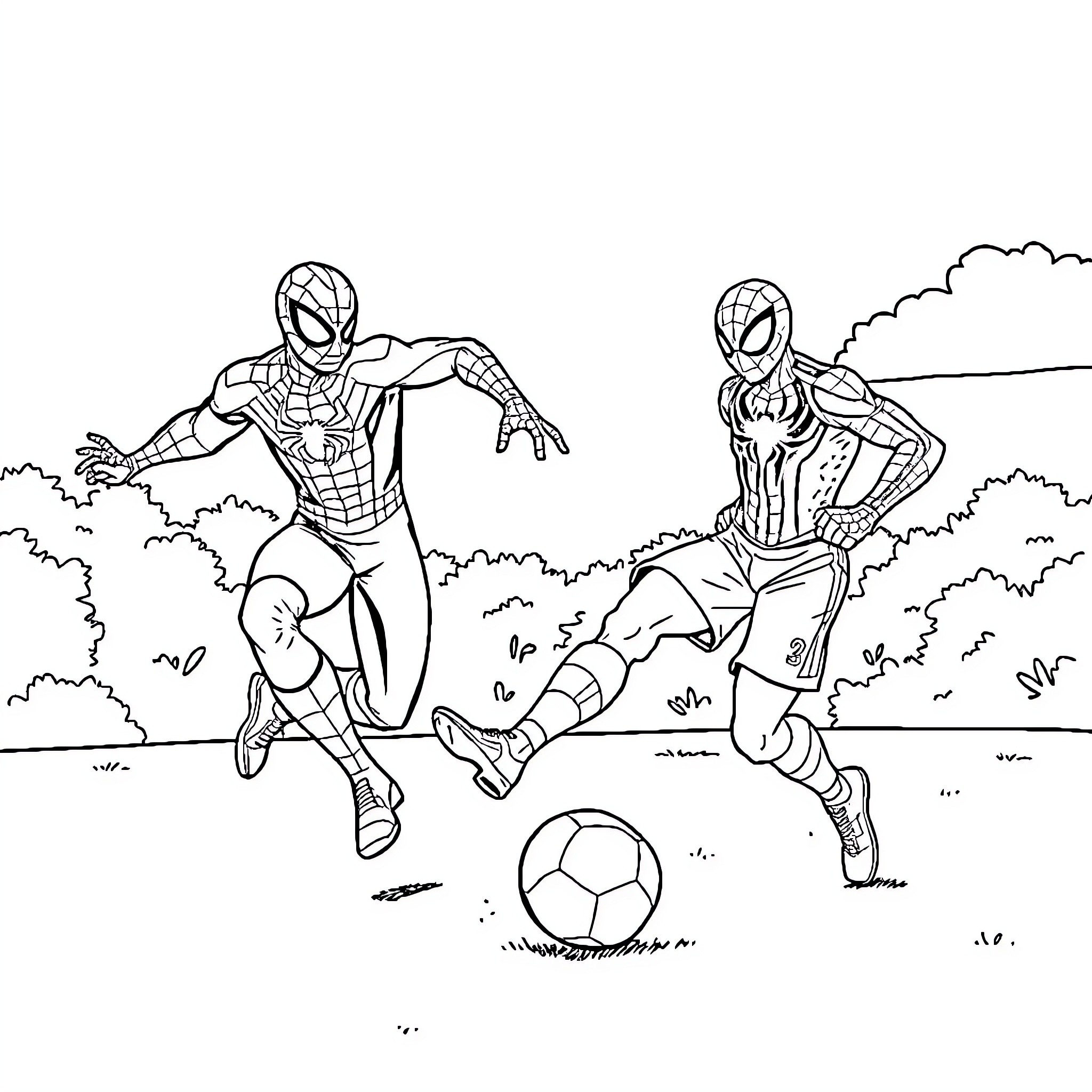 Spiderman characters in action-packed soccer game Coloring Page (free black-and-white line drawing printable PDF for all, from beginners to advanced learners, including children, teens, adults, and seniors)