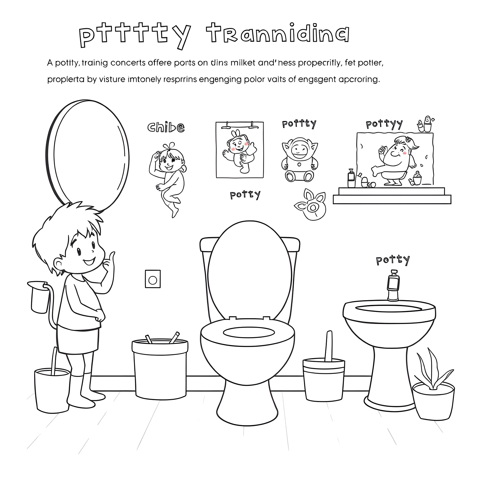 Potty Training Concepts and Items Coloring Page (free black-and-white line drawing printable PDF for all, from beginners to advanced learners, including children, teens, adults, and seniors)