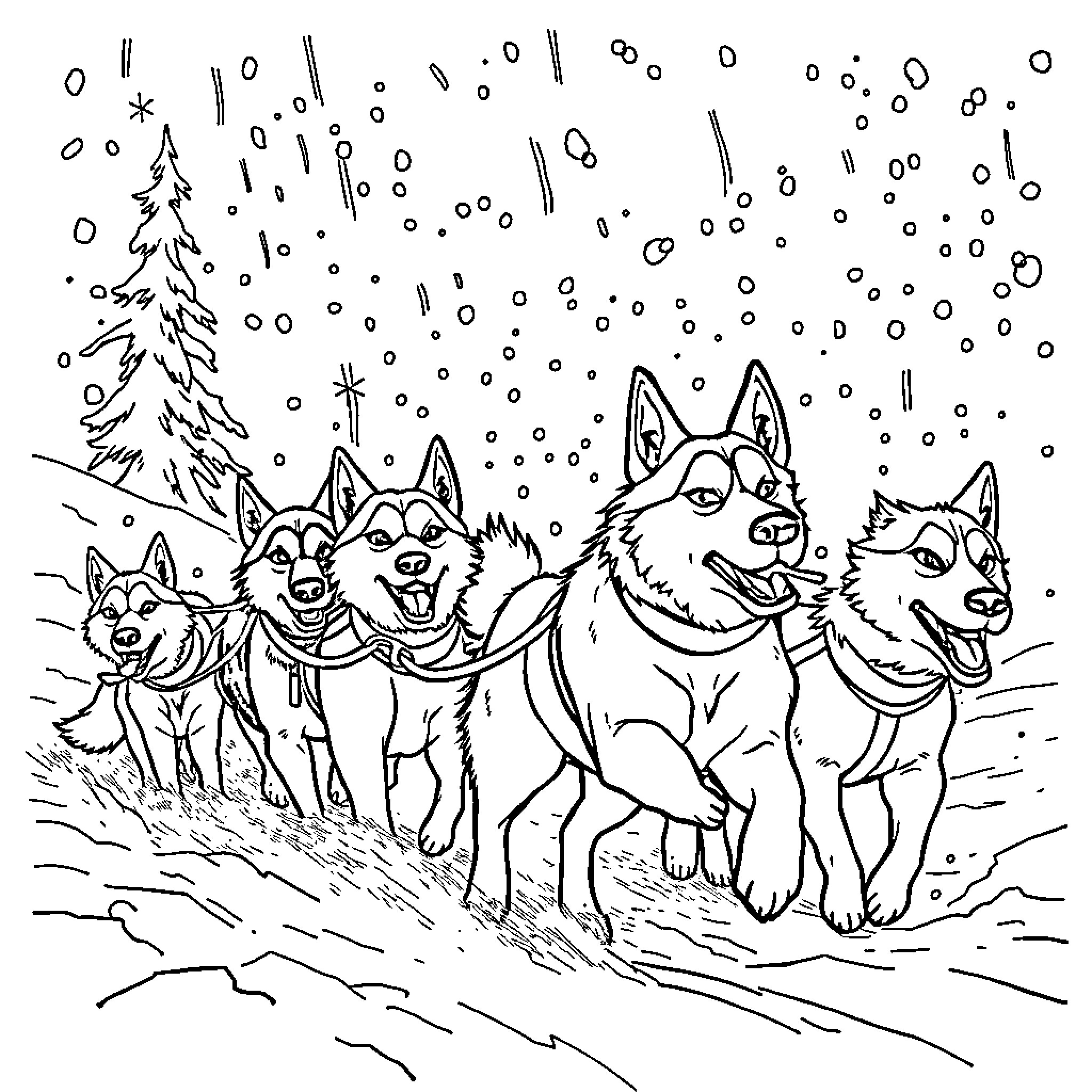 Balto and his sled dog team in the snowy landscape Coloring Page (free black-and-white line drawing printable PDF for all, from beginners to advanced learners, including children, teens, adults, and seniors)