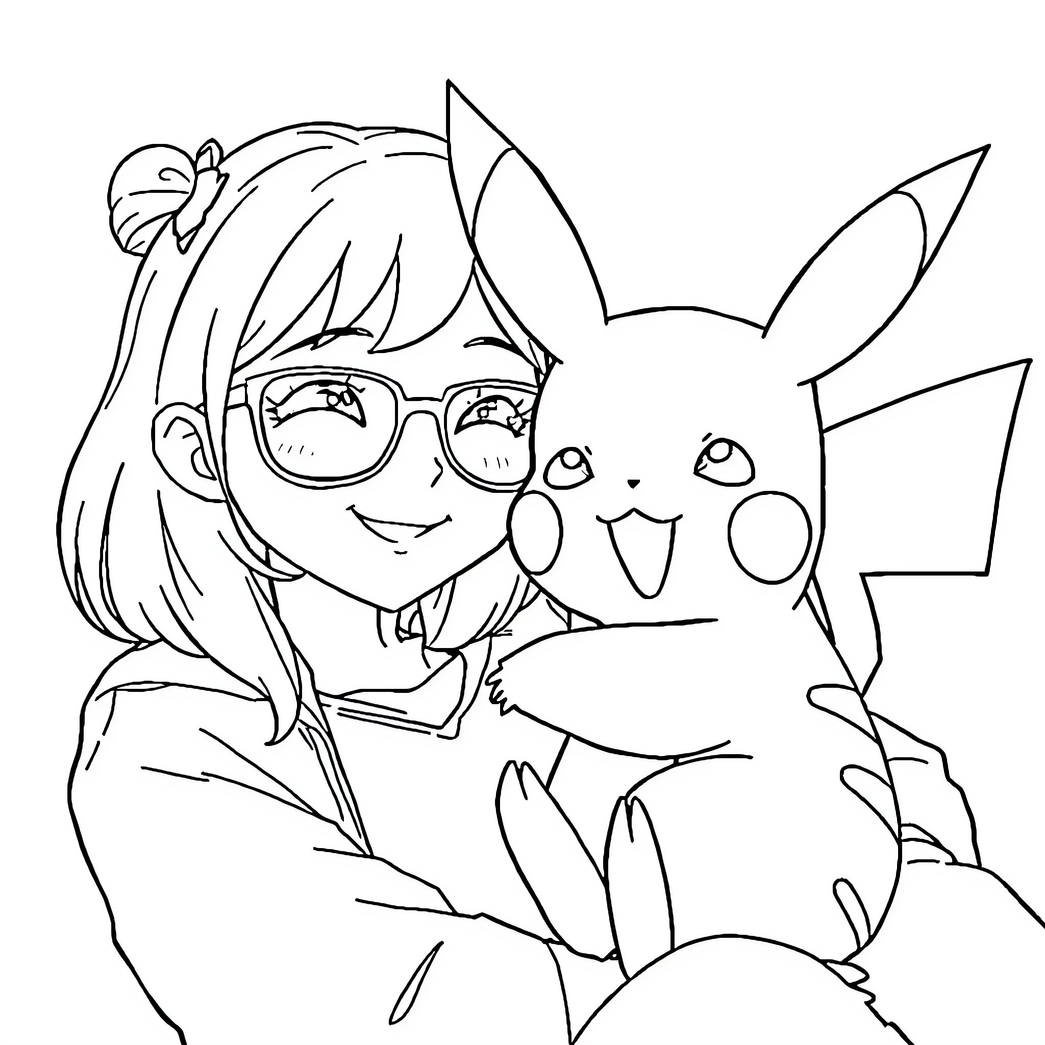 Pikachu and Girl Enjoying Time Together Coloring Page (free black-and-white line drawing printable PDF for all, from beginners to advanced learners, including children, teens, adults, and seniors)