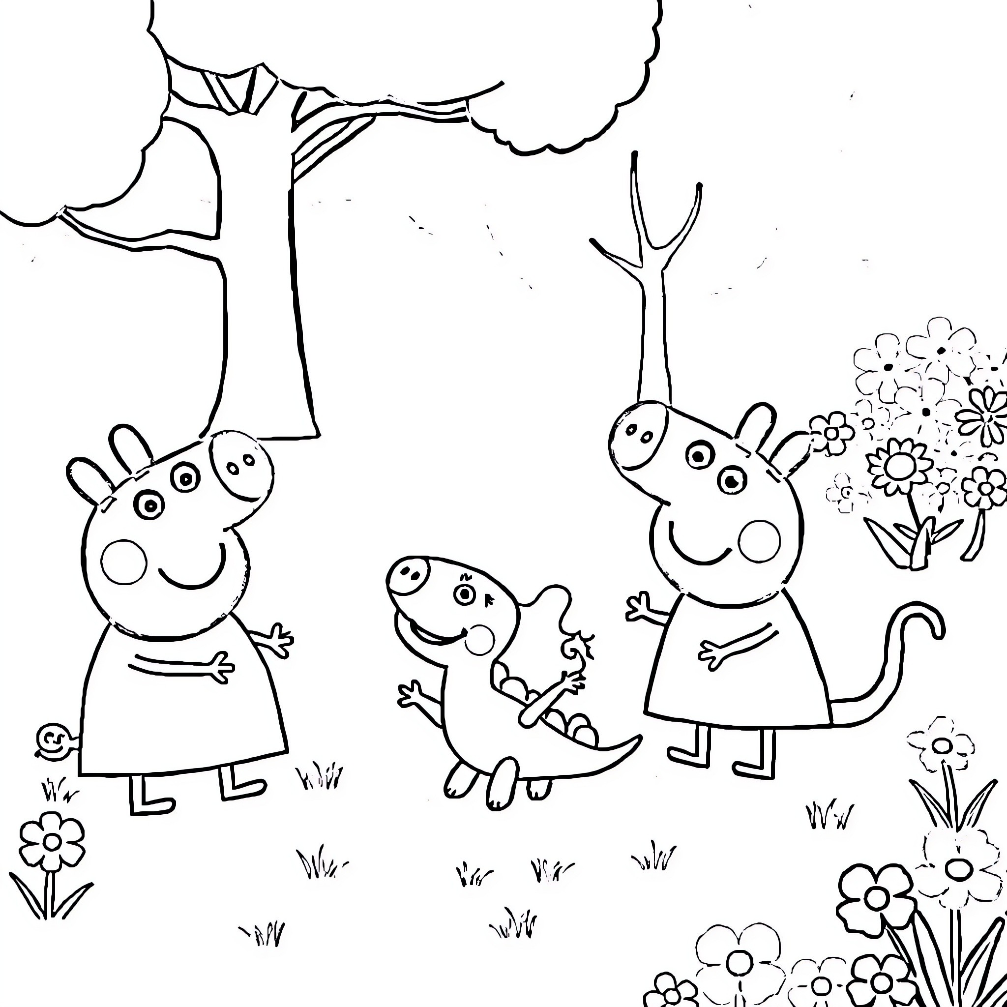 Monkey characters playing in a flower-filled park Coloring Page (free black-and-white line drawing printable PDF for all, from beginners to advanced learners, including children, teens, adults, and seniors)