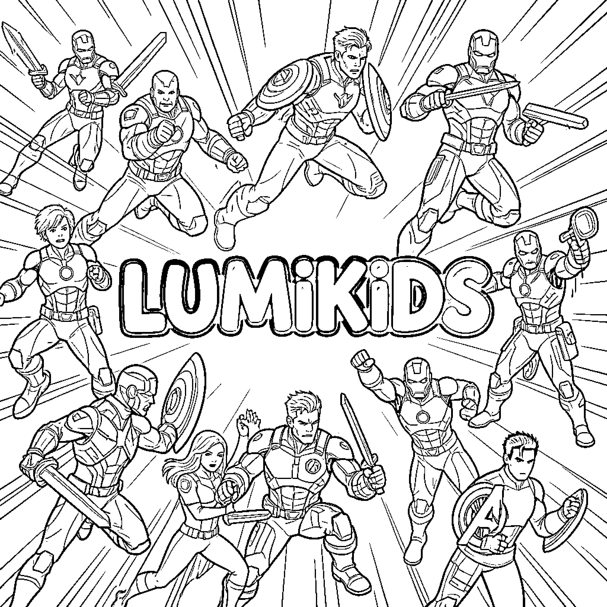 Avenger Lumikids in action-packed heroic poses Coloring Page (free black-and-white line drawing printable PDF for all, from beginners to advanced learners, including children, teens, adults, and seniors)