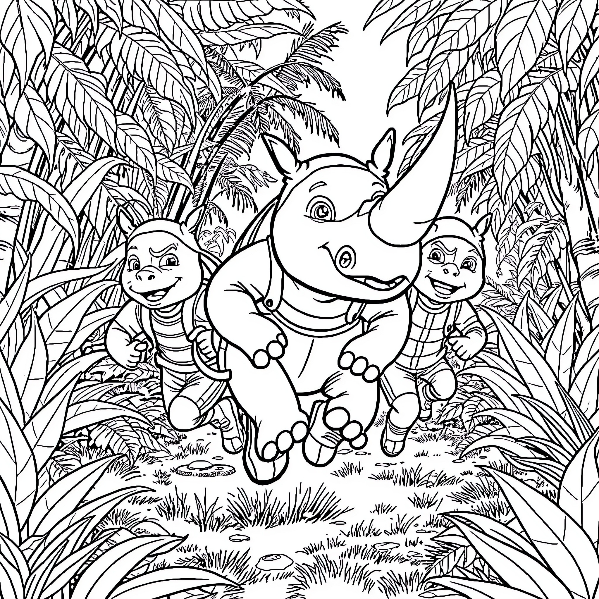Kratts exploring the lush jungle with animal friends Coloring Page (free black-and-white line drawing printable PDF for all, from beginners to advanced learners, including children, teens, adults, and seniors)