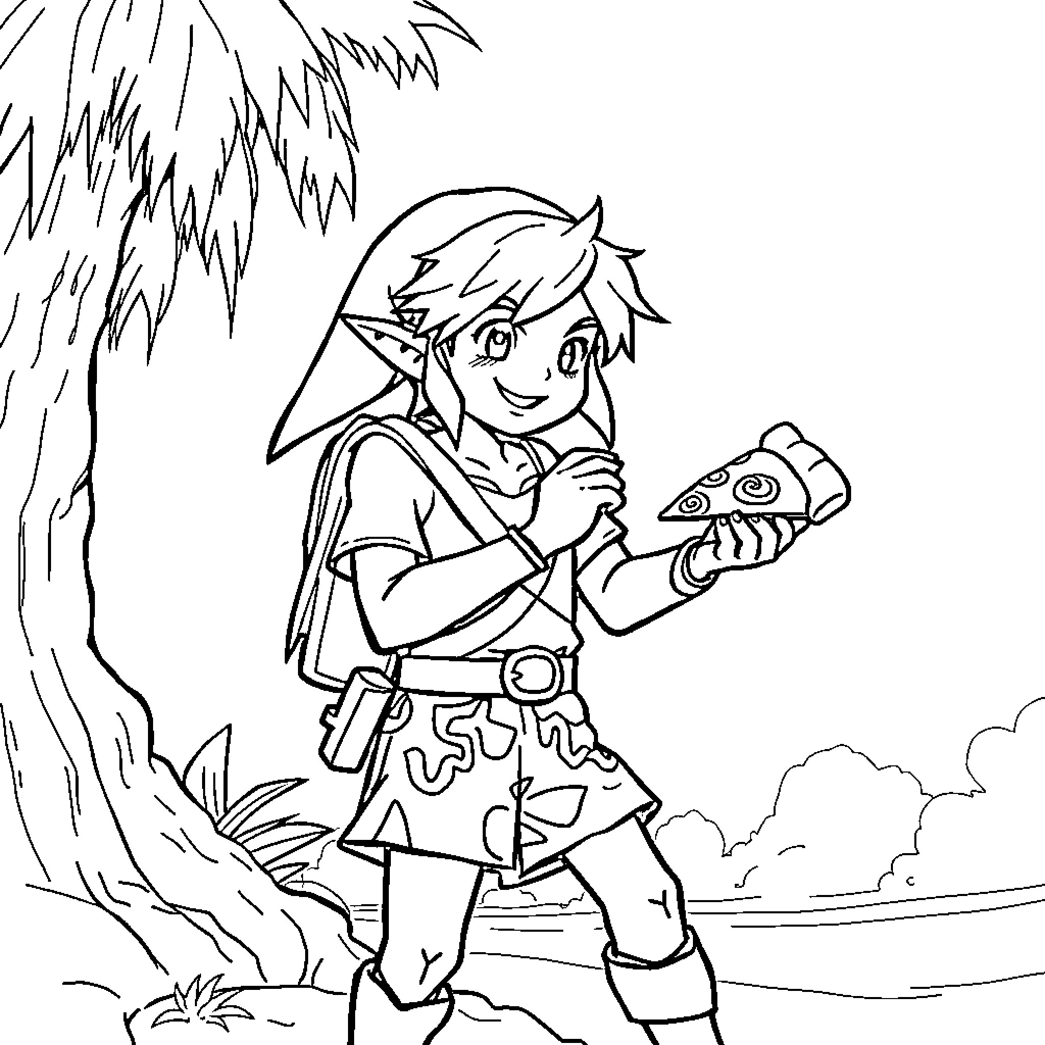 Link exploring the wilderness with a mysterious object Coloring Page (free black-and-white line drawing printable PDF for all, from beginners to advanced learners, including children, teens, adults, and seniors)