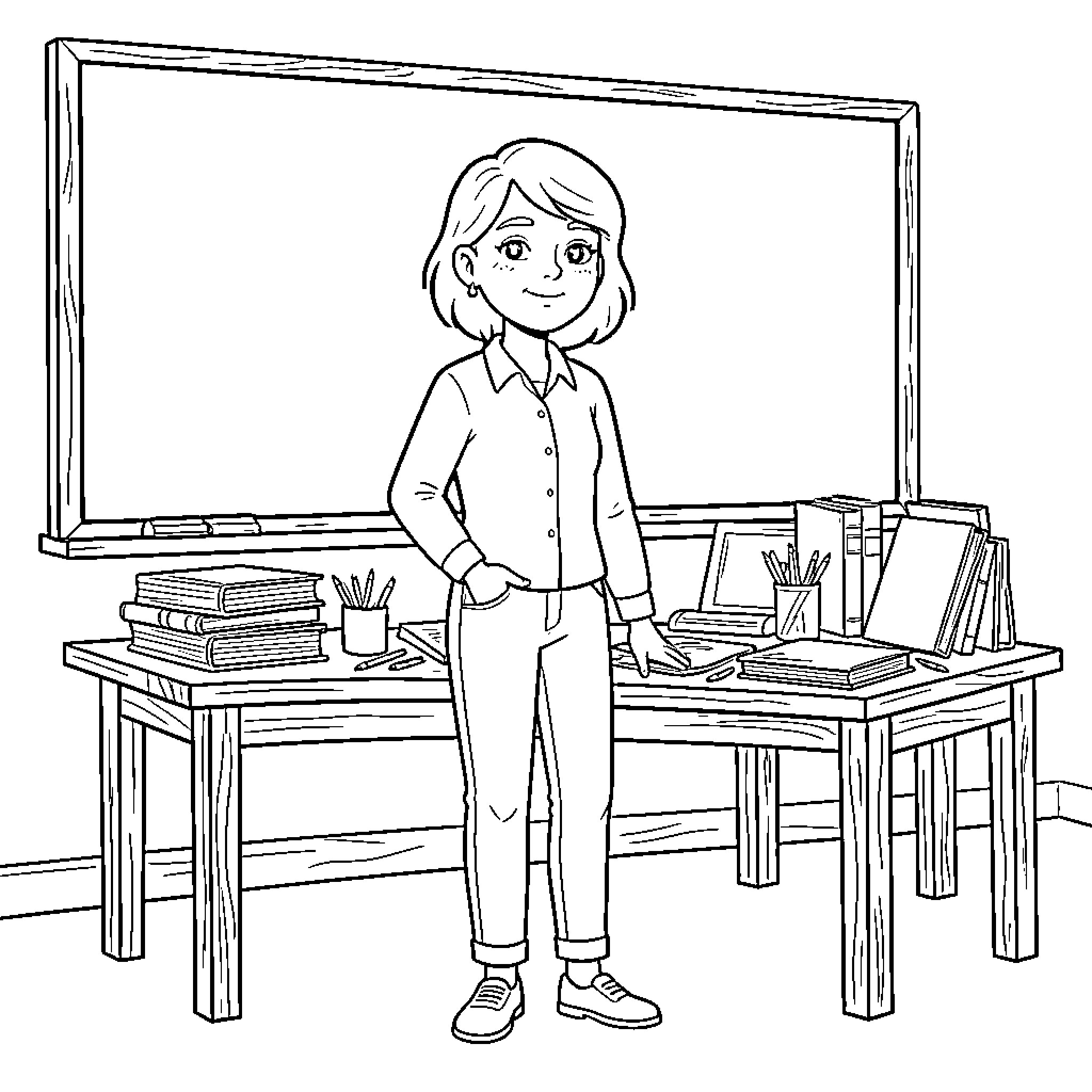 Teacher standing smiling in front of a classroom chalkboard Coloring Page (free black-and-white line drawing printable PDF for all, from beginners to advanced learners, including children, teens, adults, and seniors)