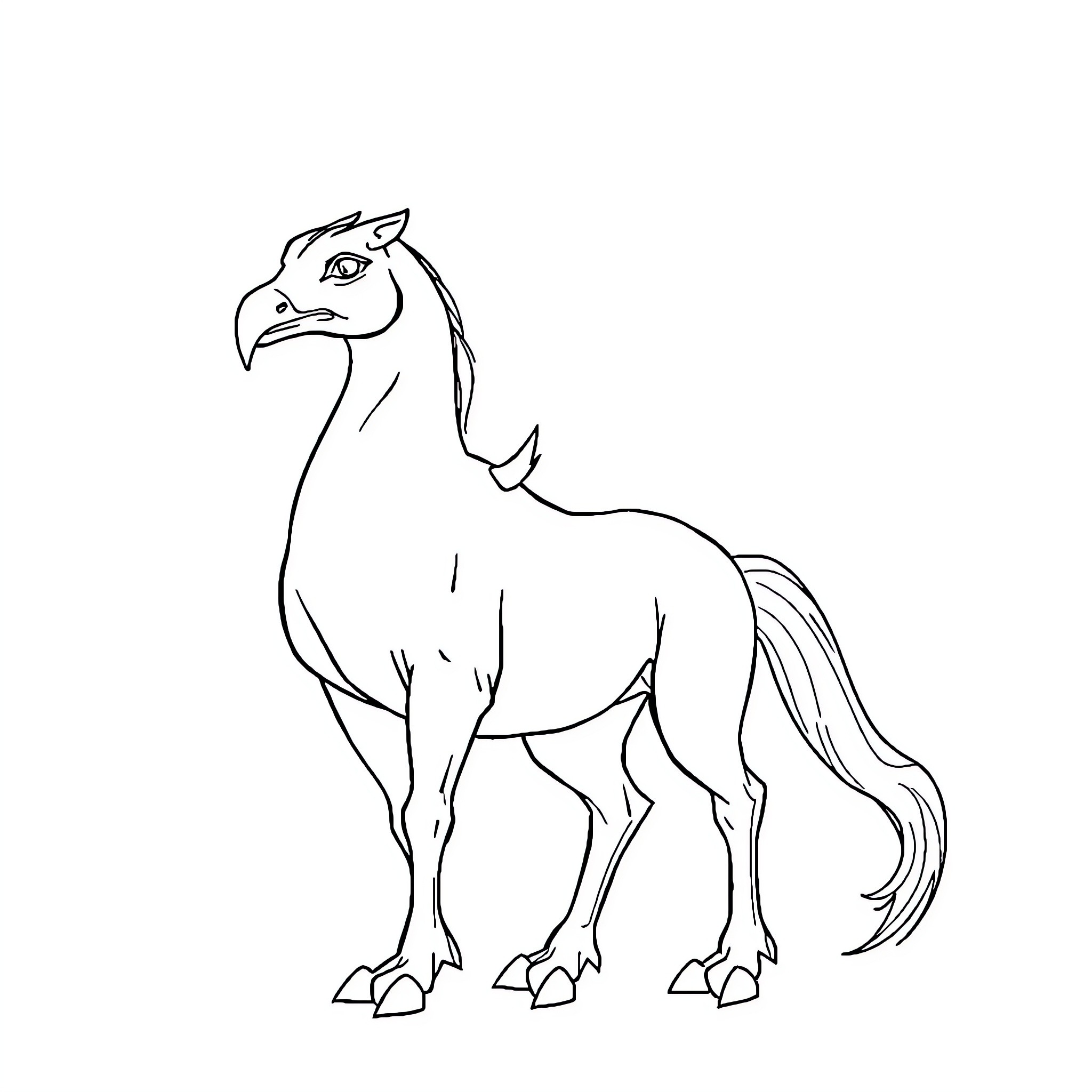 Hippogriff standing with proud posture Coloring Page (free black-and-white line drawing printable PDF for all, from beginners to advanced learners, including children, teens, adults, and seniors)