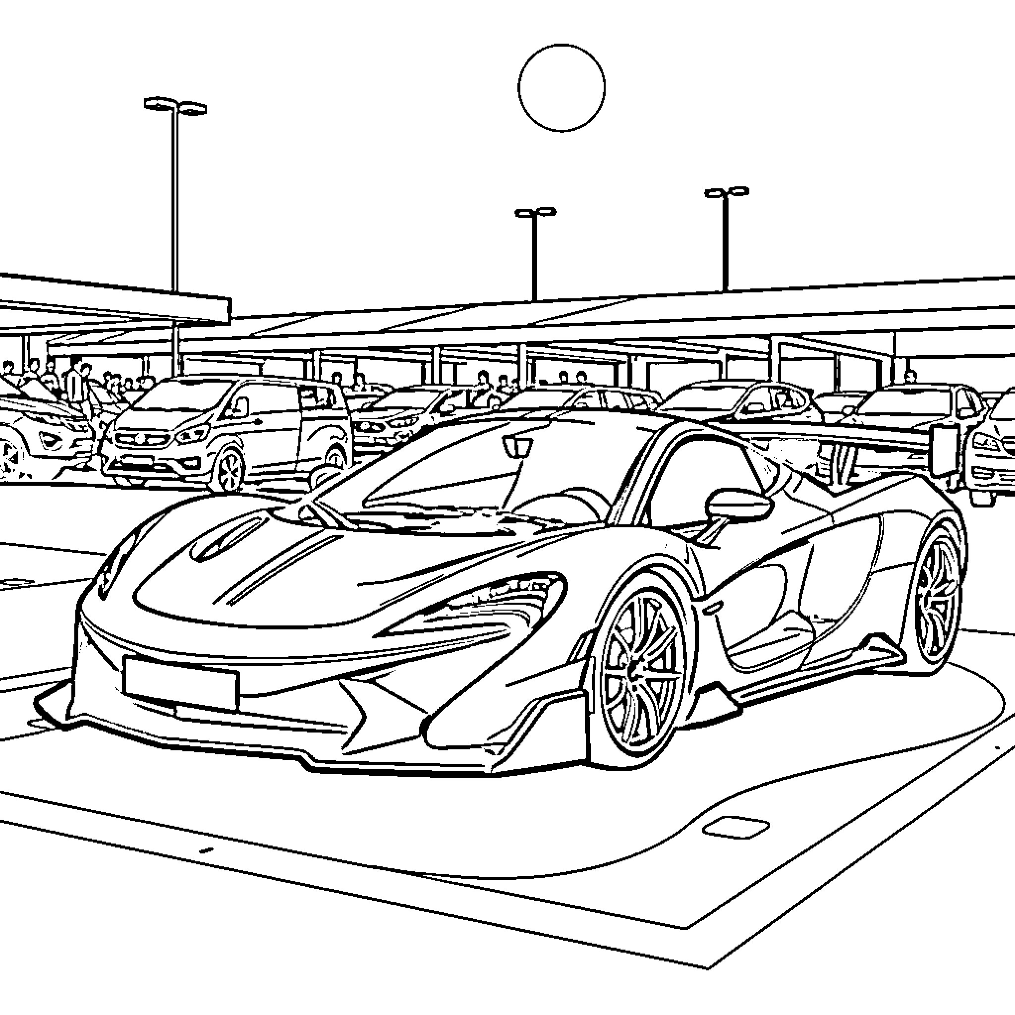 McLaren F1 supercar showcased in a car dealership Coloring Page (free black-and-white line drawing printable PDF for all, from beginners to advanced learners, including children, teens, adults, and seniors)