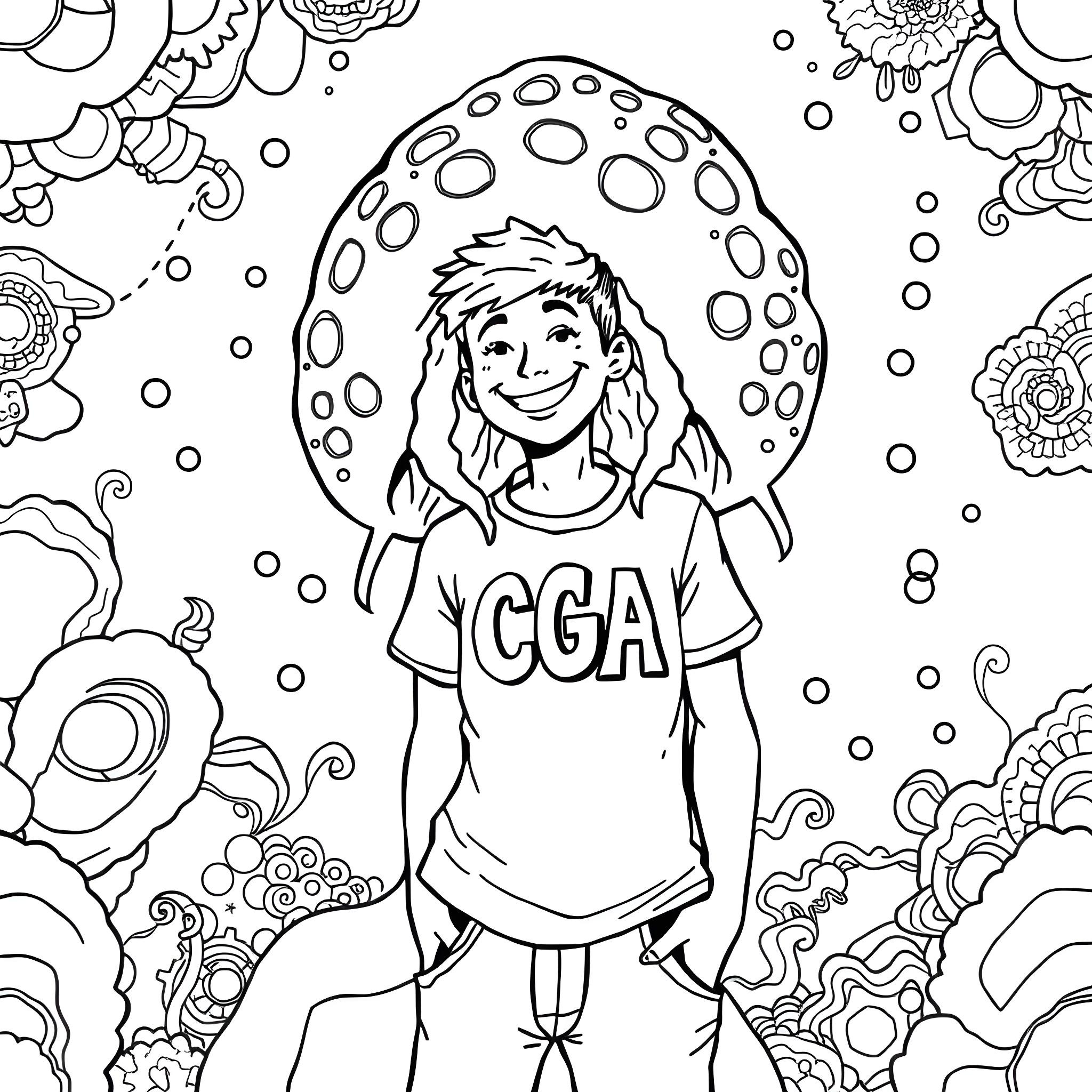 Amoeba-like shapes and a smiling figure in the center Coloring Page (free black-and-white line drawing printable PDF for all, from beginners to advanced learners, including children, teens, adults, and seniors)