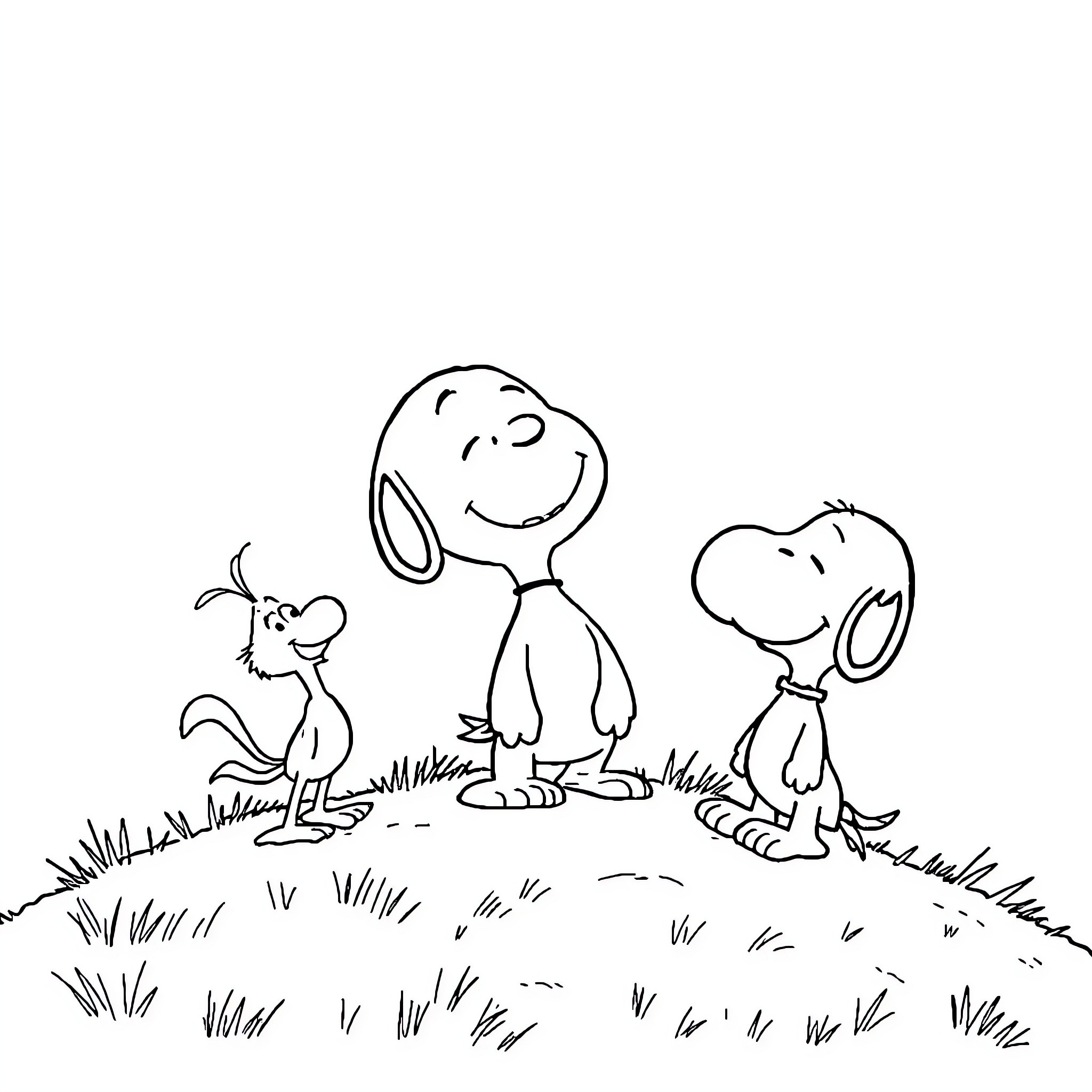 Snoopy and Friends Having Fun Outdoors Coloring Page (free black-and-white line drawing printable PDF for all, from beginners to advanced learners, including children, teens, adults, and seniors)