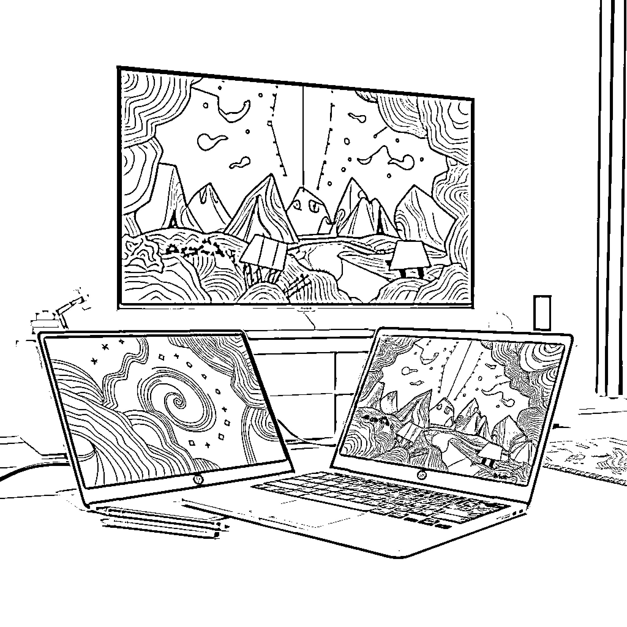Chromebook displaying nature-inspired illustrations Coloring Page (free black-and-white line drawing printable PDF for all, from beginners to advanced learners, including children, teens, adults, and seniors)