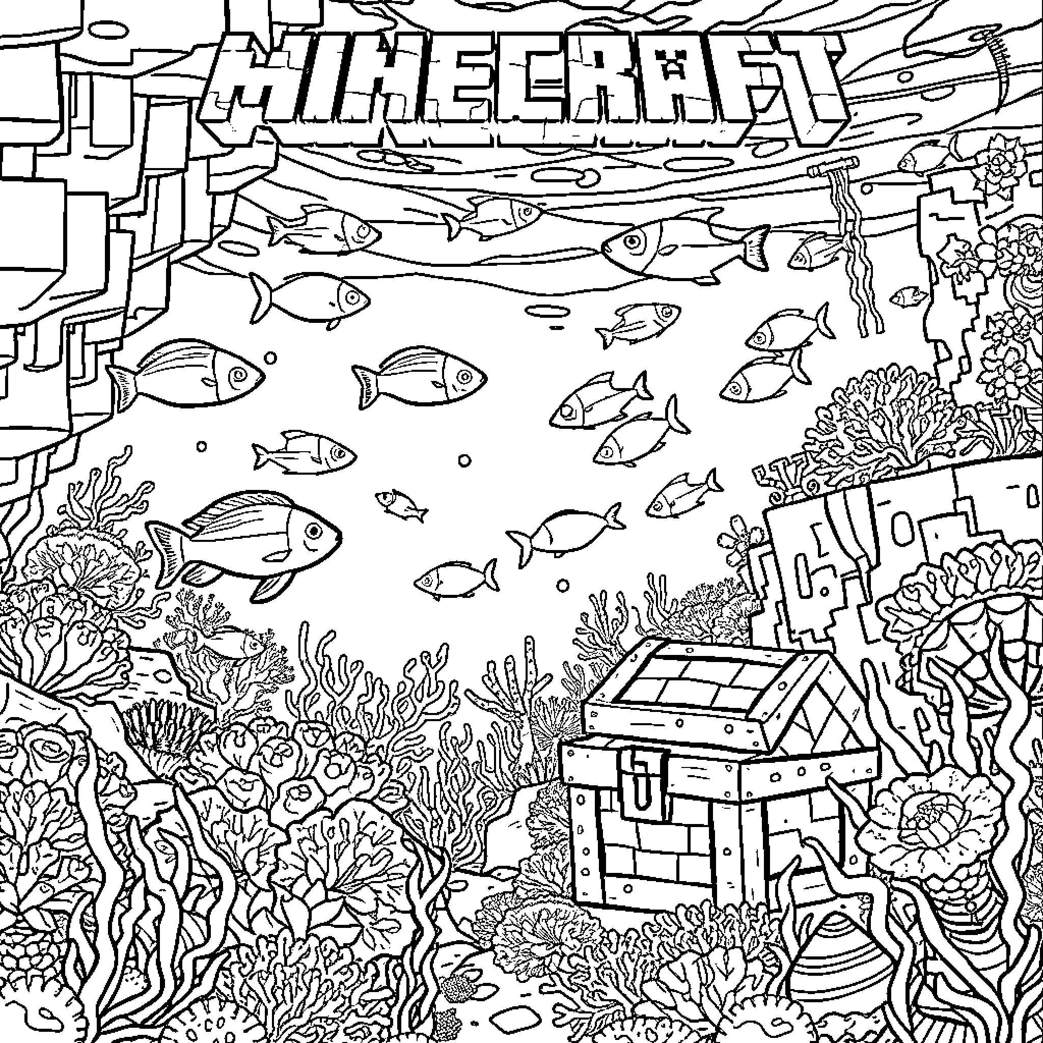 Minecraft Underwater Adventure with Coral Reef and Fish Coloring Page (free black-and-white line drawing printable PDF for all, from beginners to advanced learners, including children, teens, adults, and seniors)