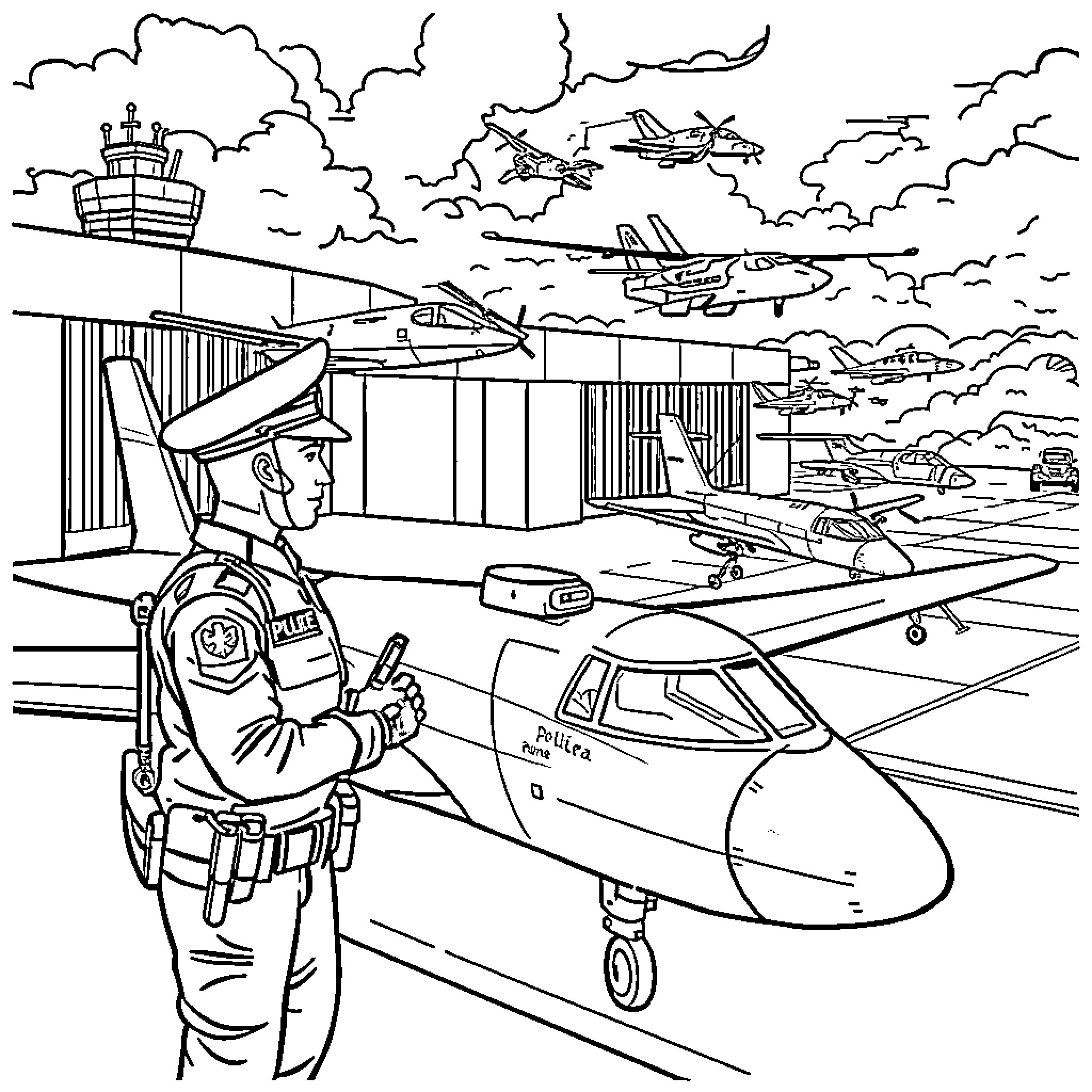 Aerial Police Monitoring Busy Airport Operations Coloring Page (free black-and-white line drawing printable PDF for all, from beginners to advanced learners, including children, teens, adults, and seniors)