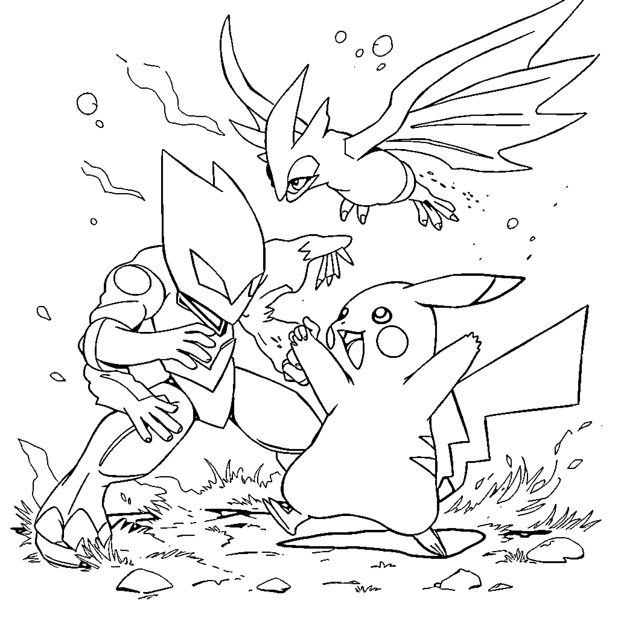 Pikachu battling with other Pokemon characters Coloring Page (free black-and-white line drawing printable PDF for all, from beginners to advanced learners, including children, teens, adults, and seniors)