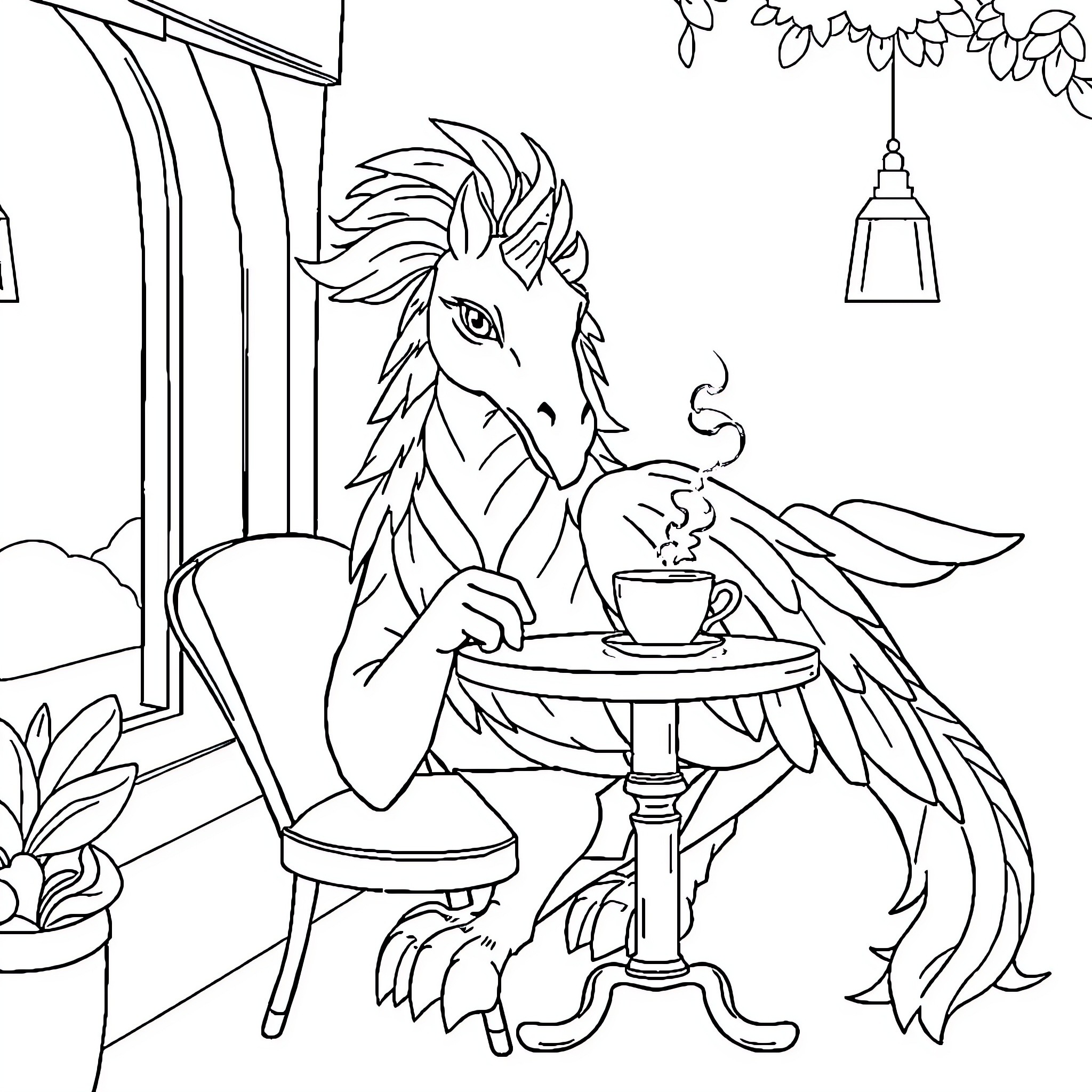 Hippogriff enjoying a cup of tea on the porch Coloring Page (free black-and-white line drawing printable PDF for all, from beginners to advanced learners, including children, teens, adults, and seniors)