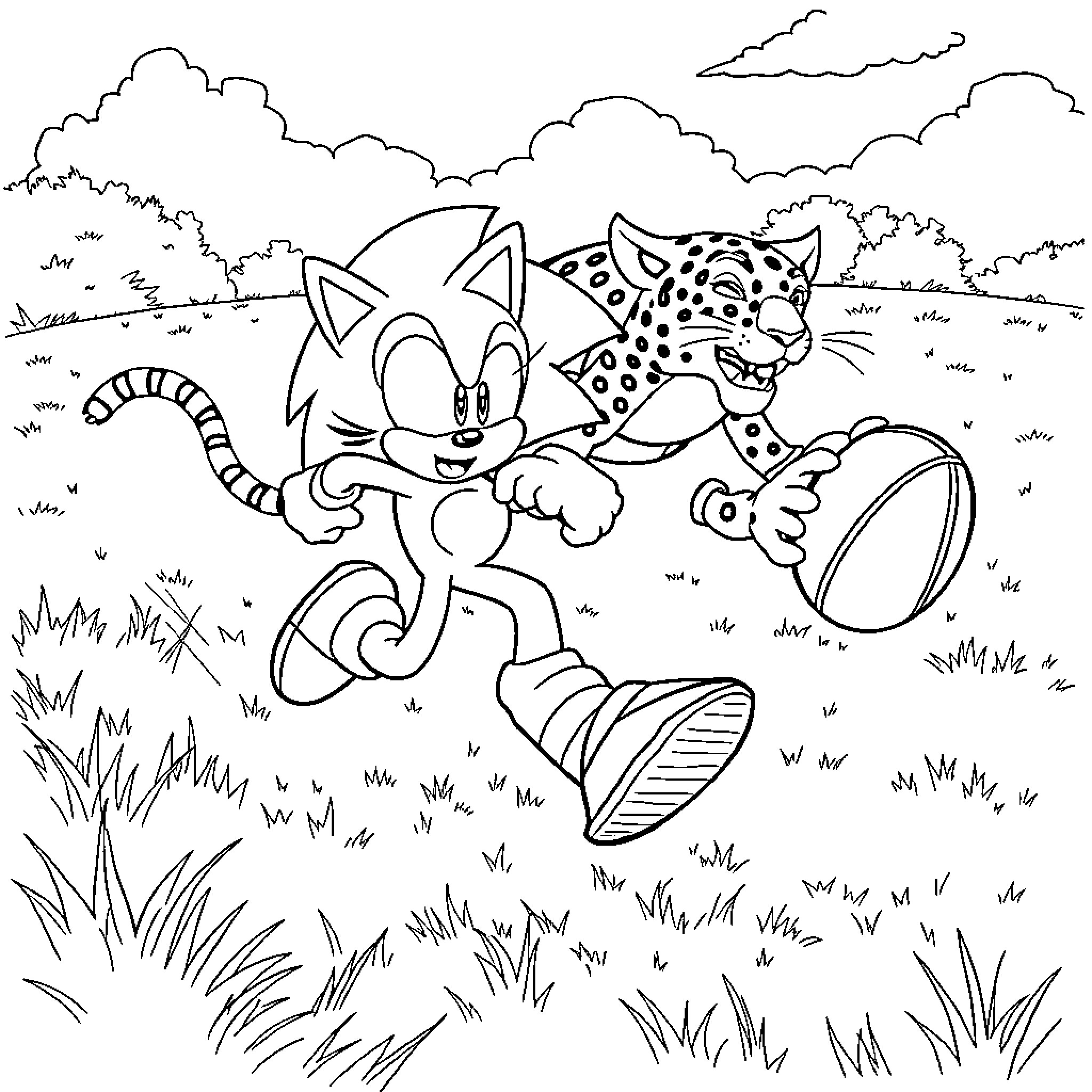 Sonic the Hedgehog playing with Chao in the countryside Coloring Page (free black-and-white line drawing printable PDF for all, from beginners to advanced learners, including children, teens, adults, and seniors)